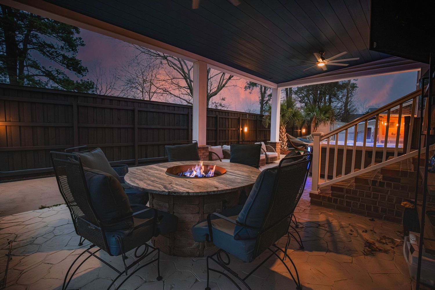 Covered back patio fire pit photographed for Virginia Beach real estate listing