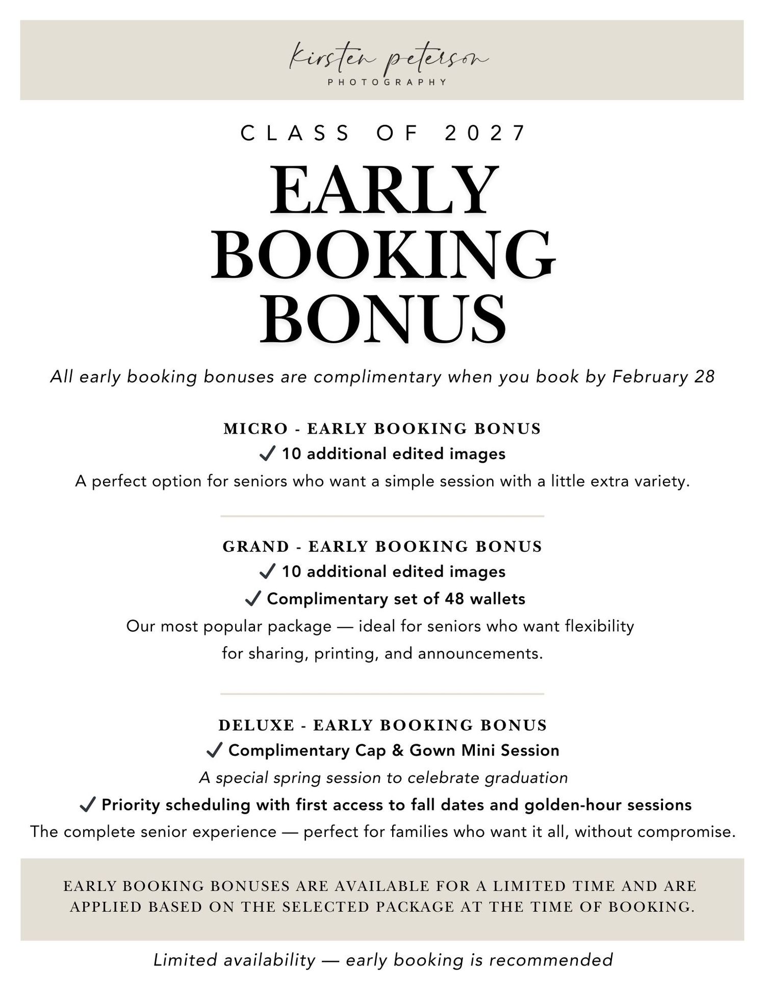 Early booking bonus promotion text on white background showing class of 2027 photography package details.