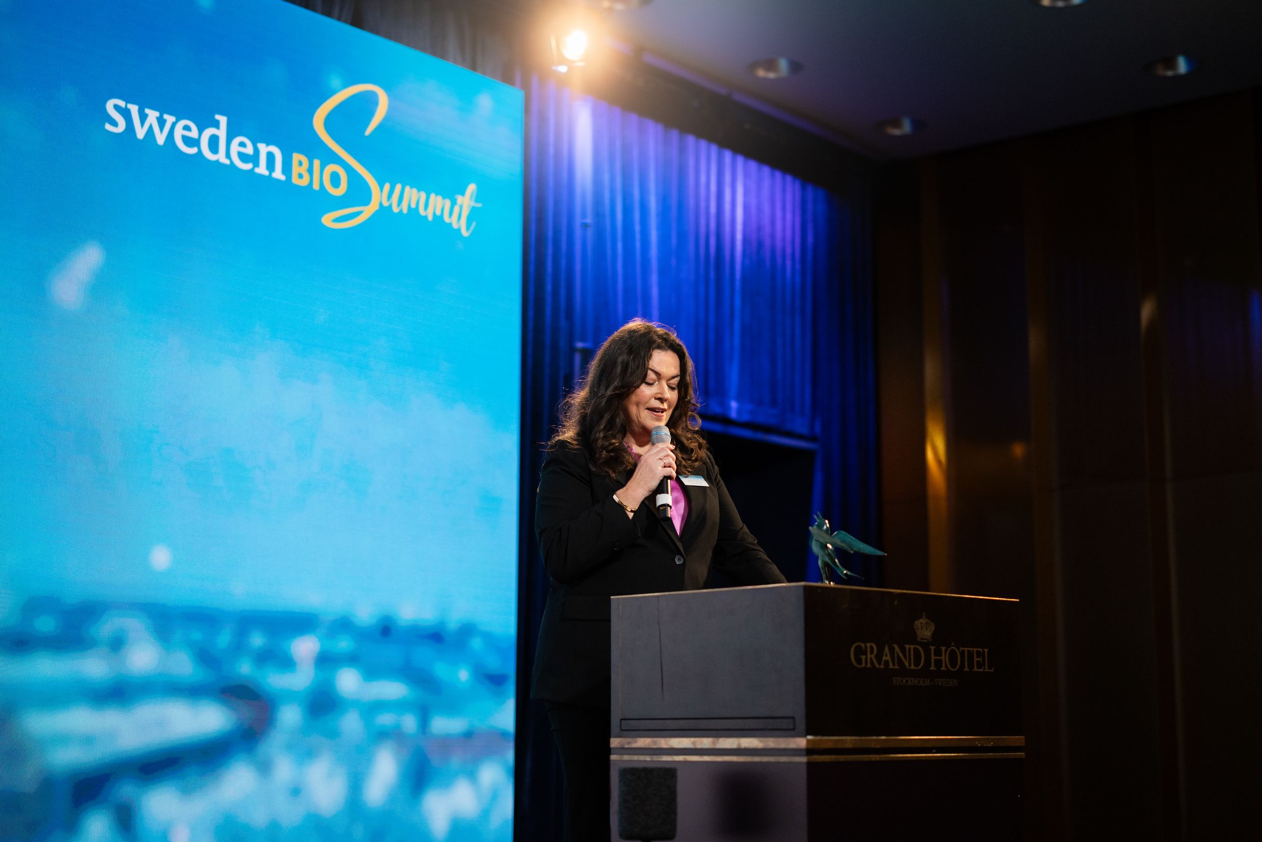 Speaker presenting on stage at Sweden conference with blue lighting and projection screen backdrop.