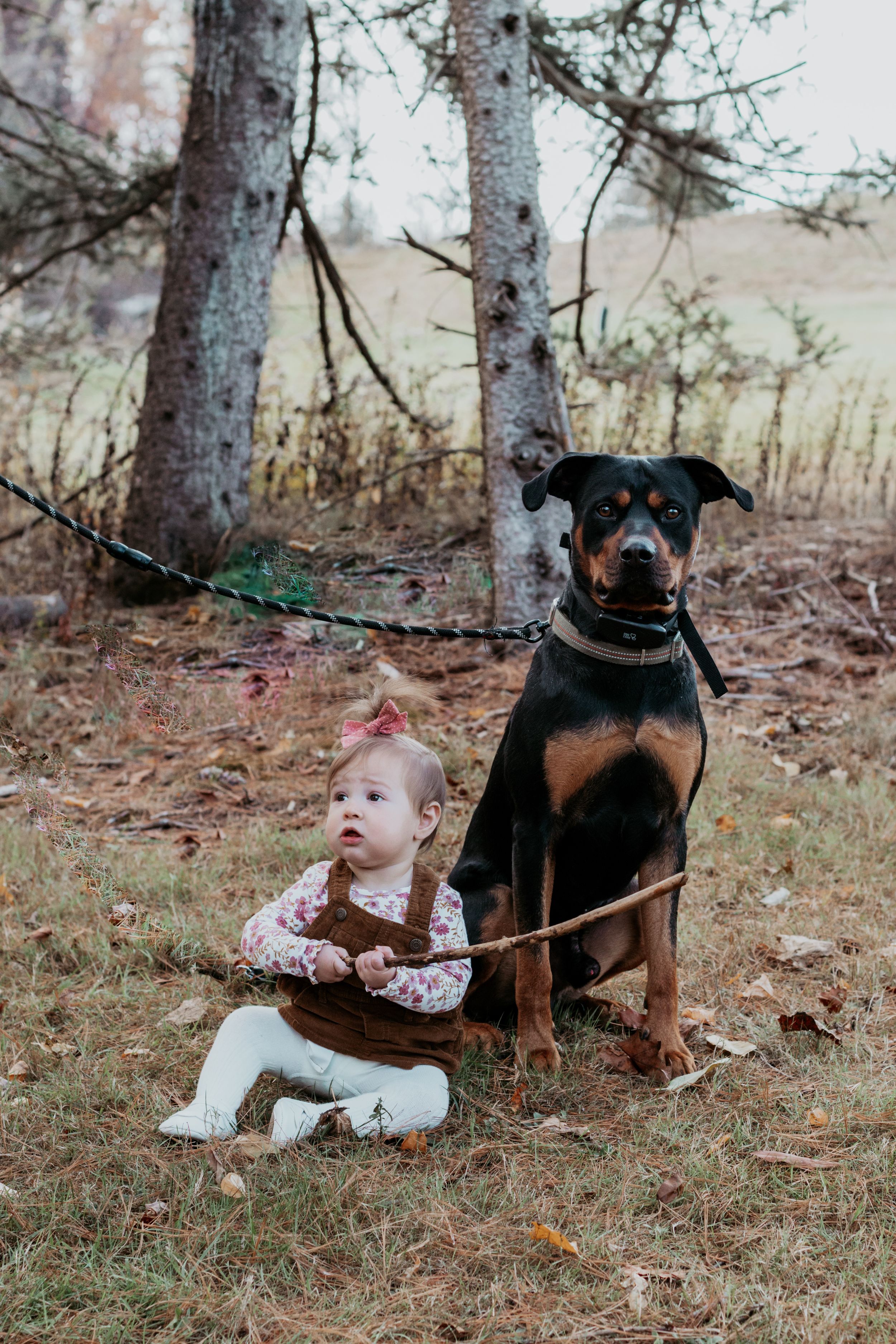 Baby in floral outfit sitting on ground next to large black dog in wooded setting.