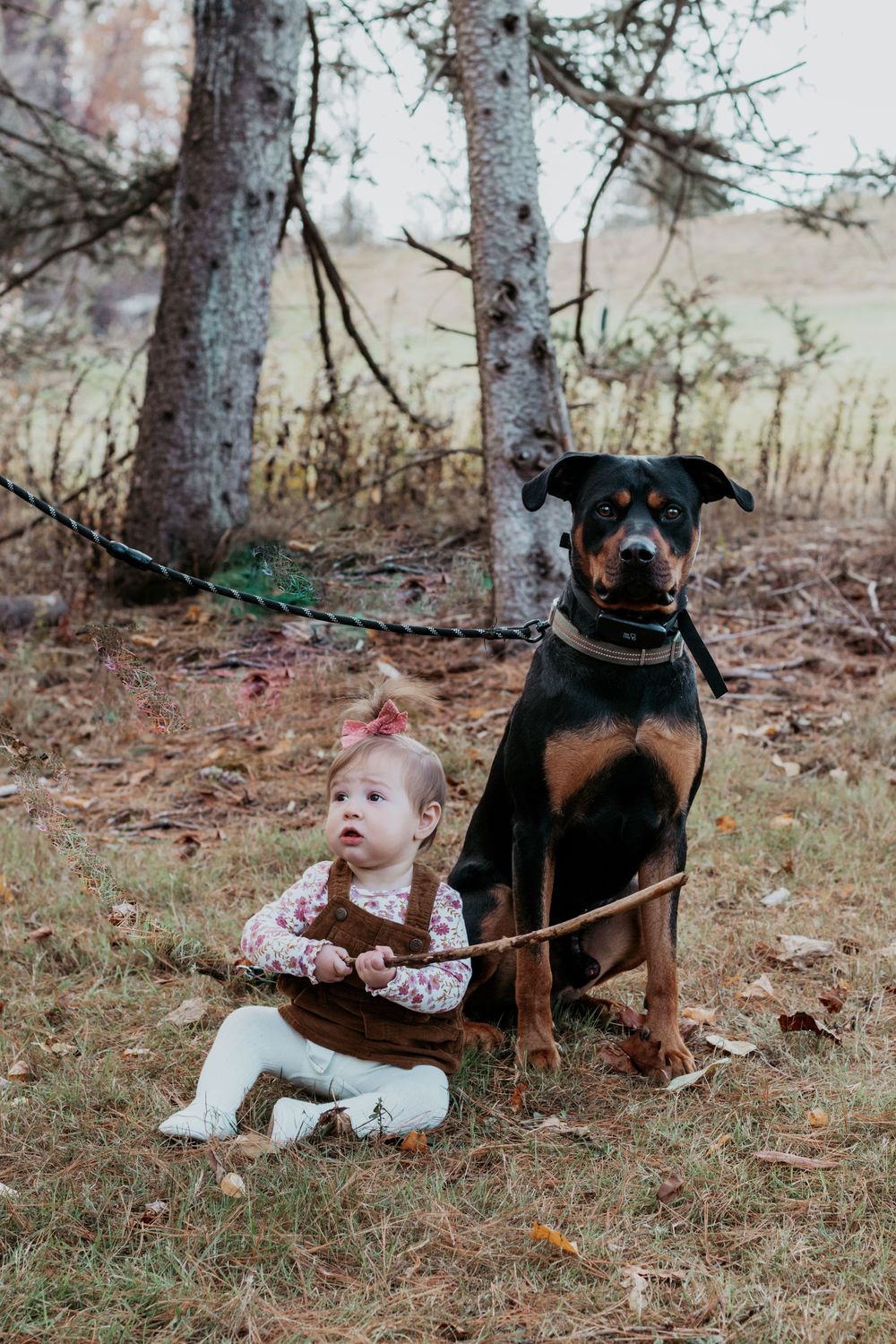 Baby in floral outfit sitting on ground next to large black dog in wooded setting.