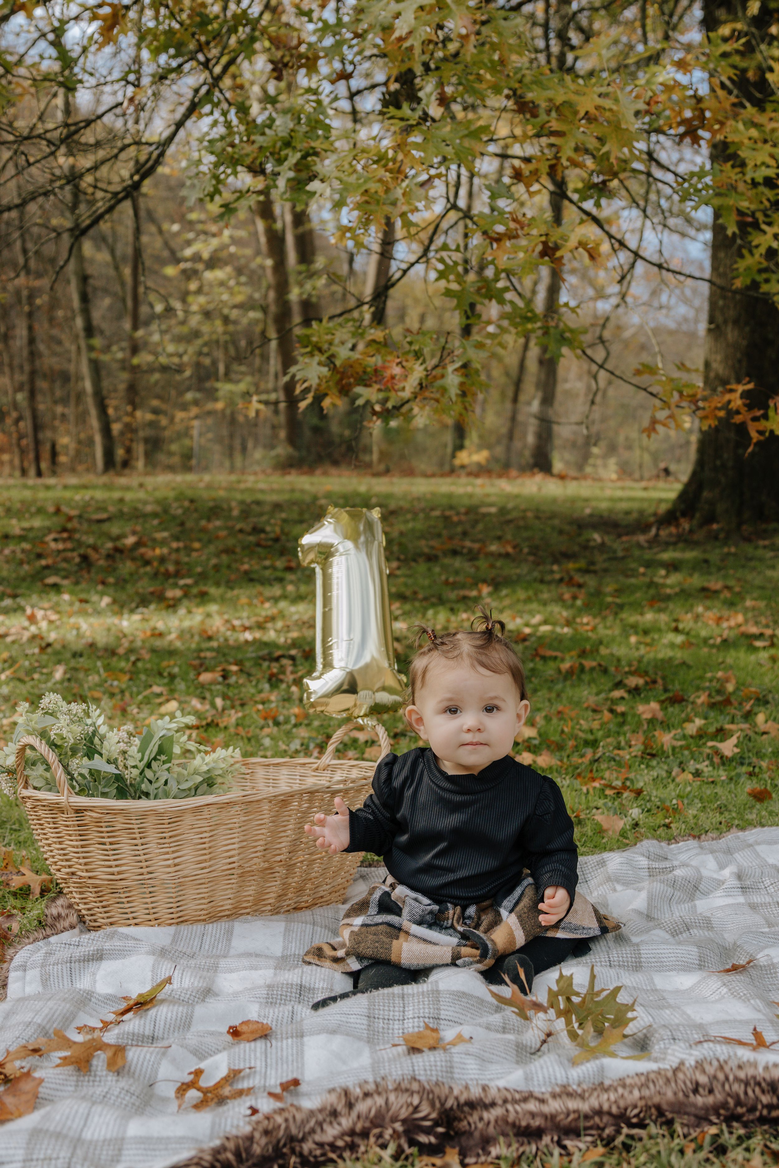 Autumn picnic scene with child on blanket next to wicker basket and gold balloon decoration.