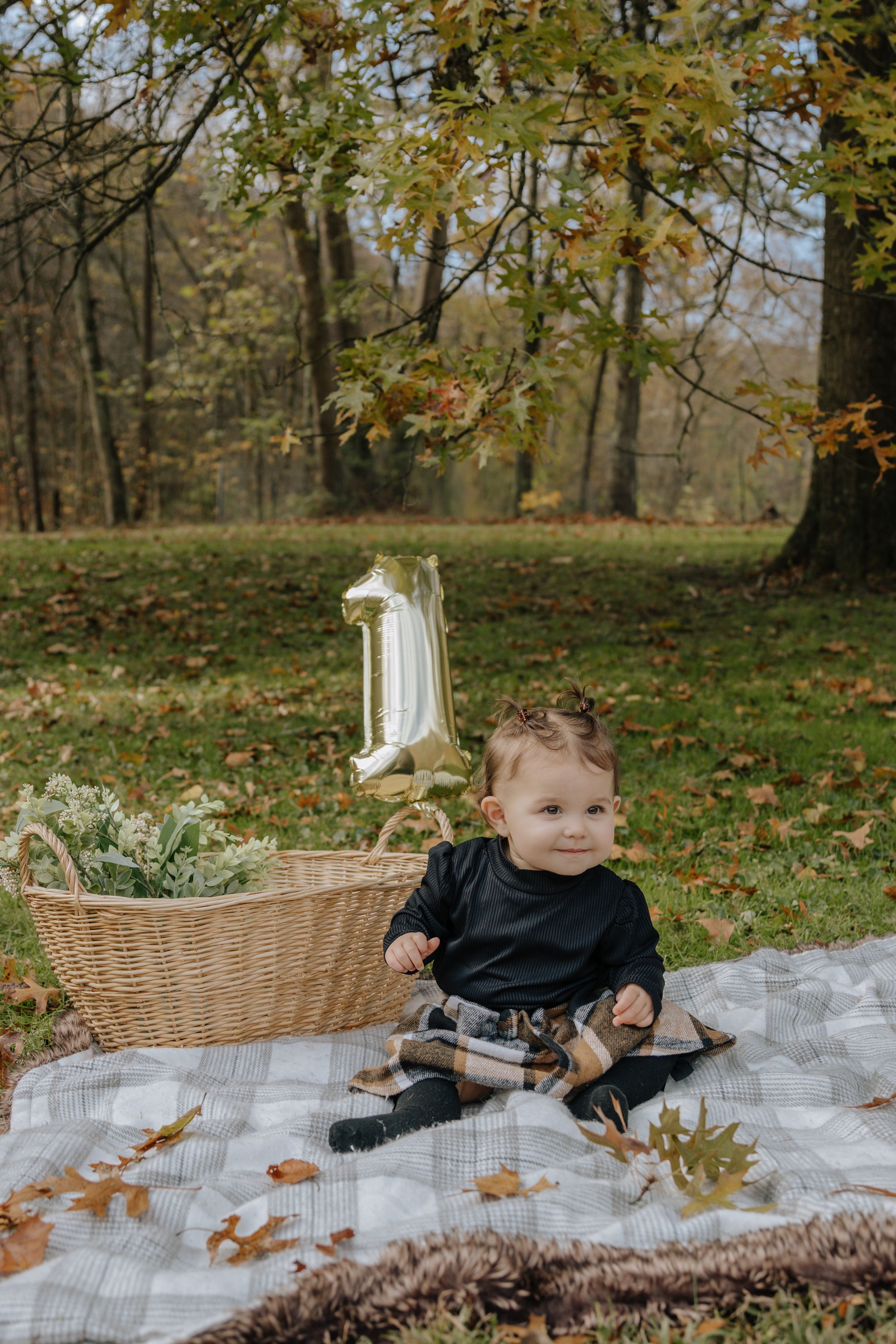 Outdoor fall photo with child seated on plaid blanket beside decorative basket and balloon.