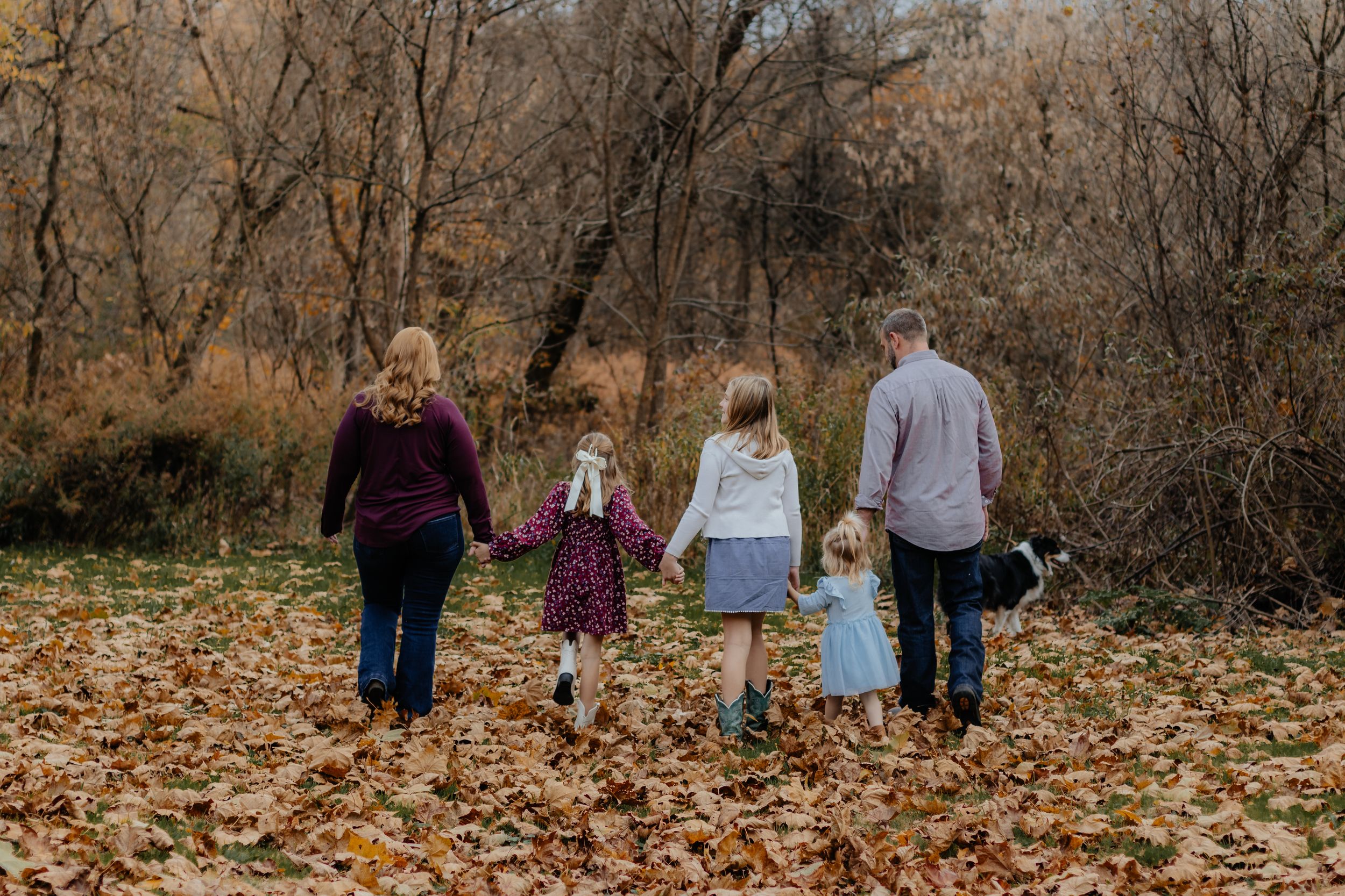 A group walking away from camera on fallen leaves in wooded area during autumn.