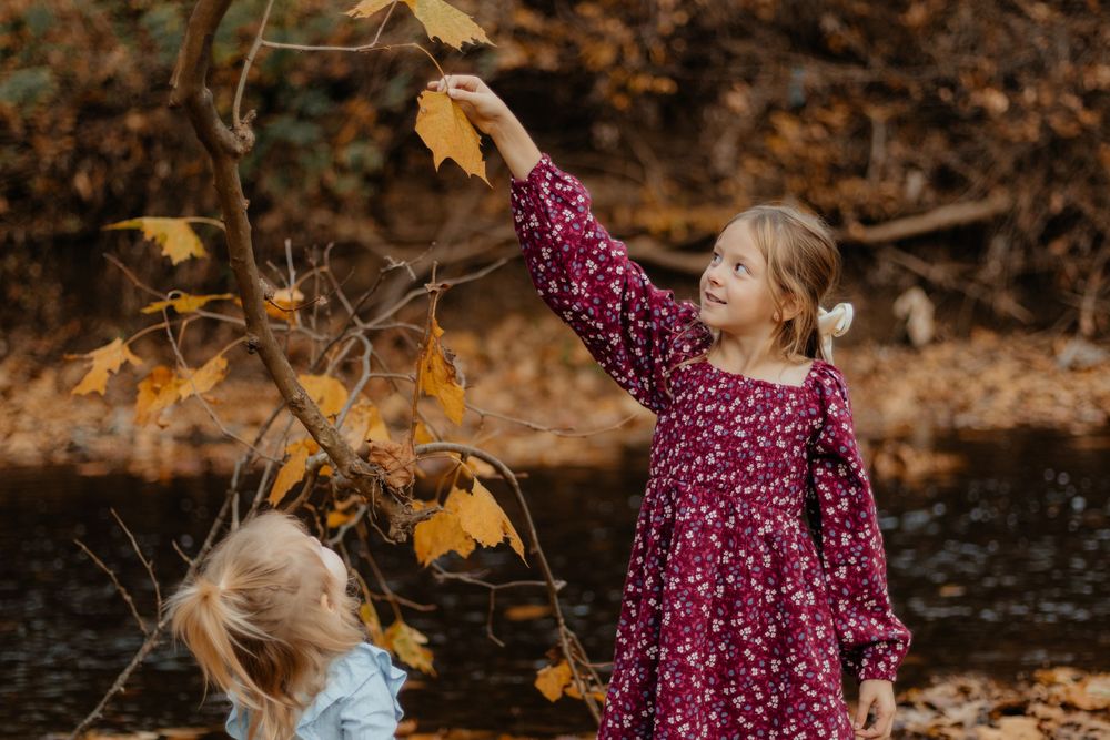 Two children reach up to touch golden fall leaves on tree branches.