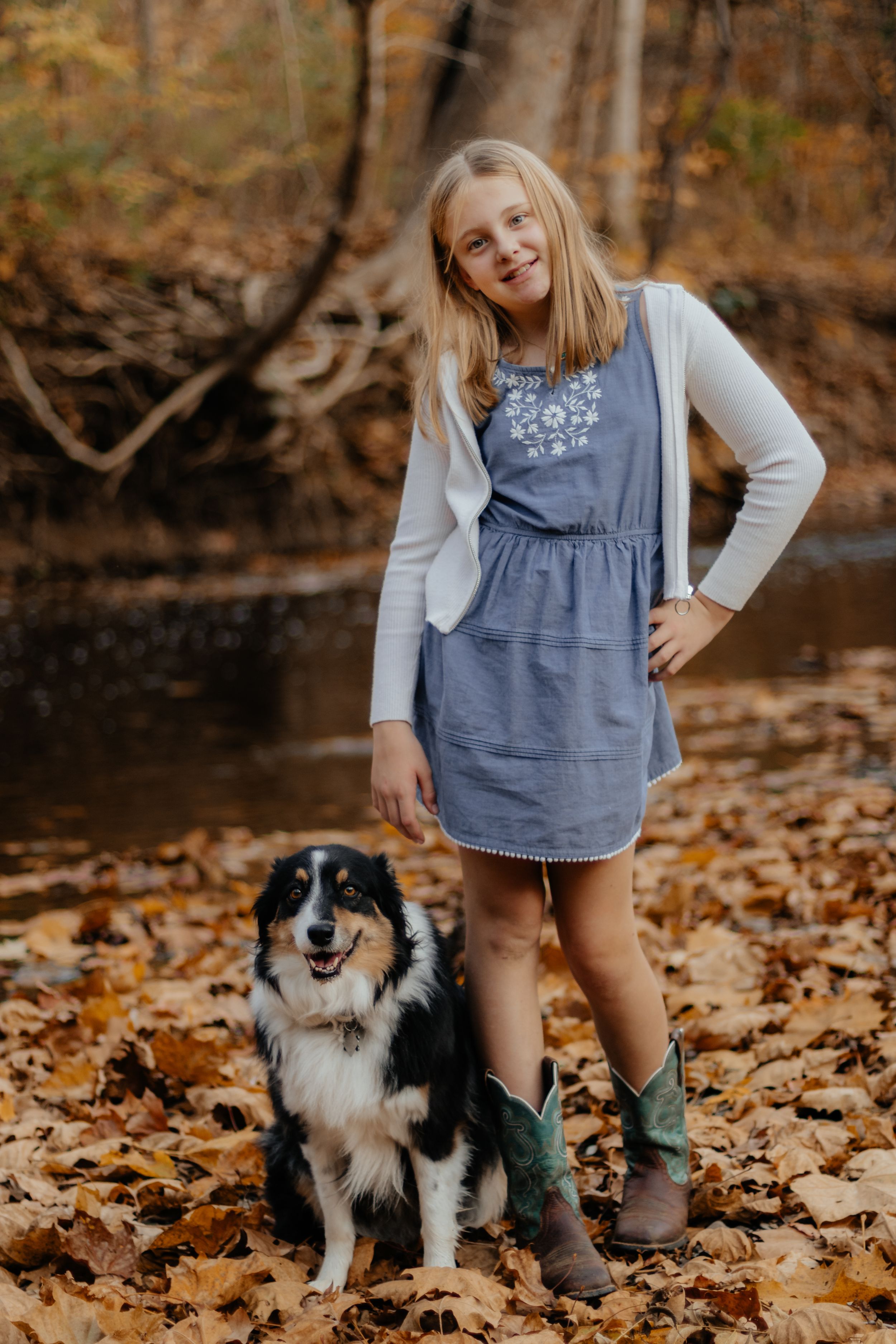 A child in a denim dress and white sweater stands with a border collie dog on fallen autumn leaves.