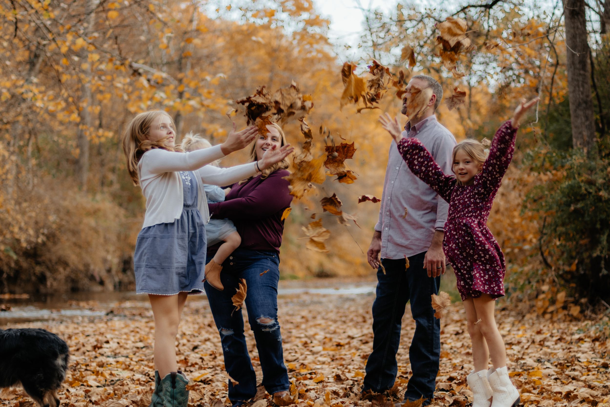 Family members play and throw autumn leaves during an outdoor photography session.