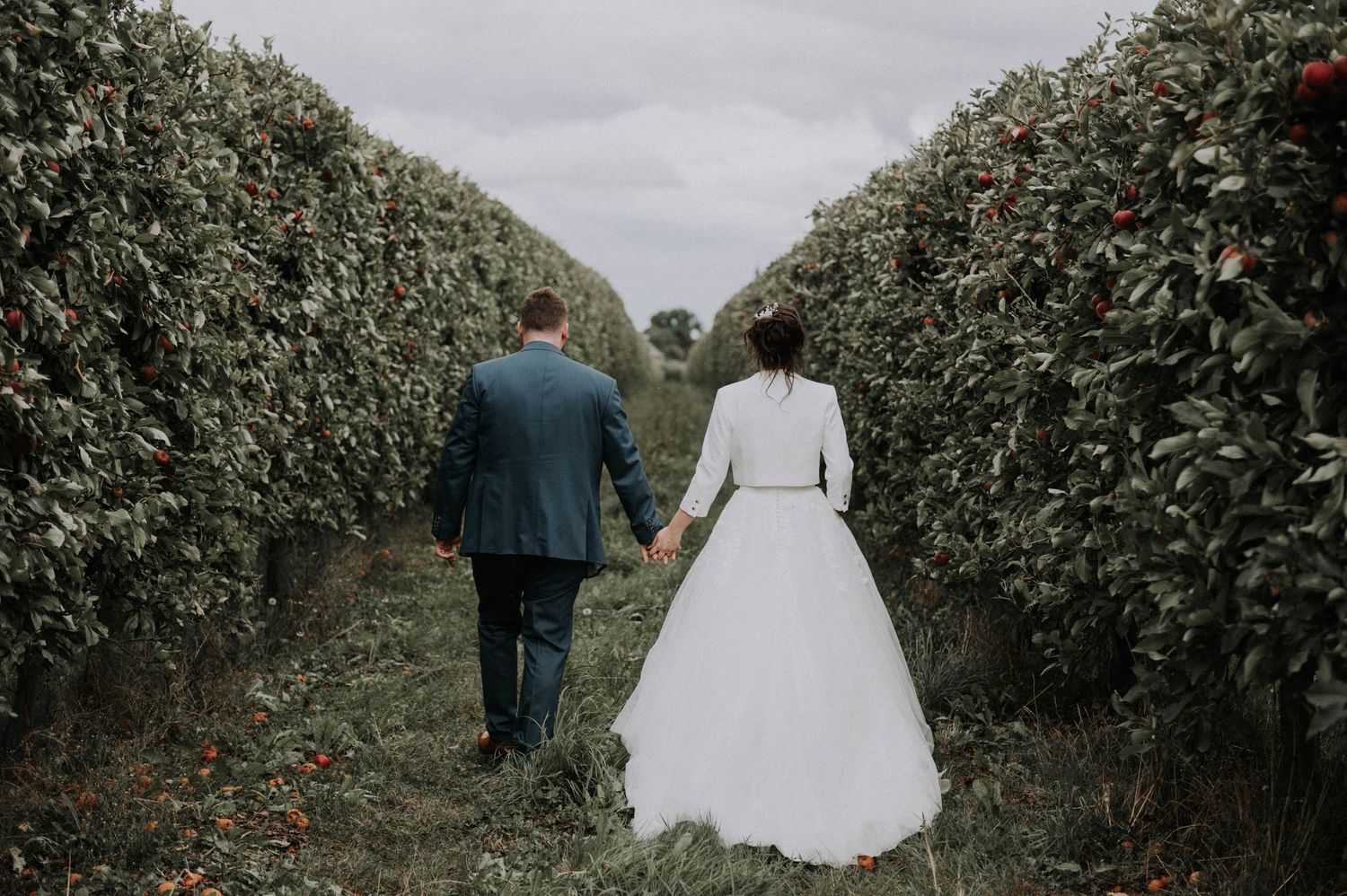 Couple de mariés marchant main dans la main dans un verger en Bretagne, séance photo naturelle.