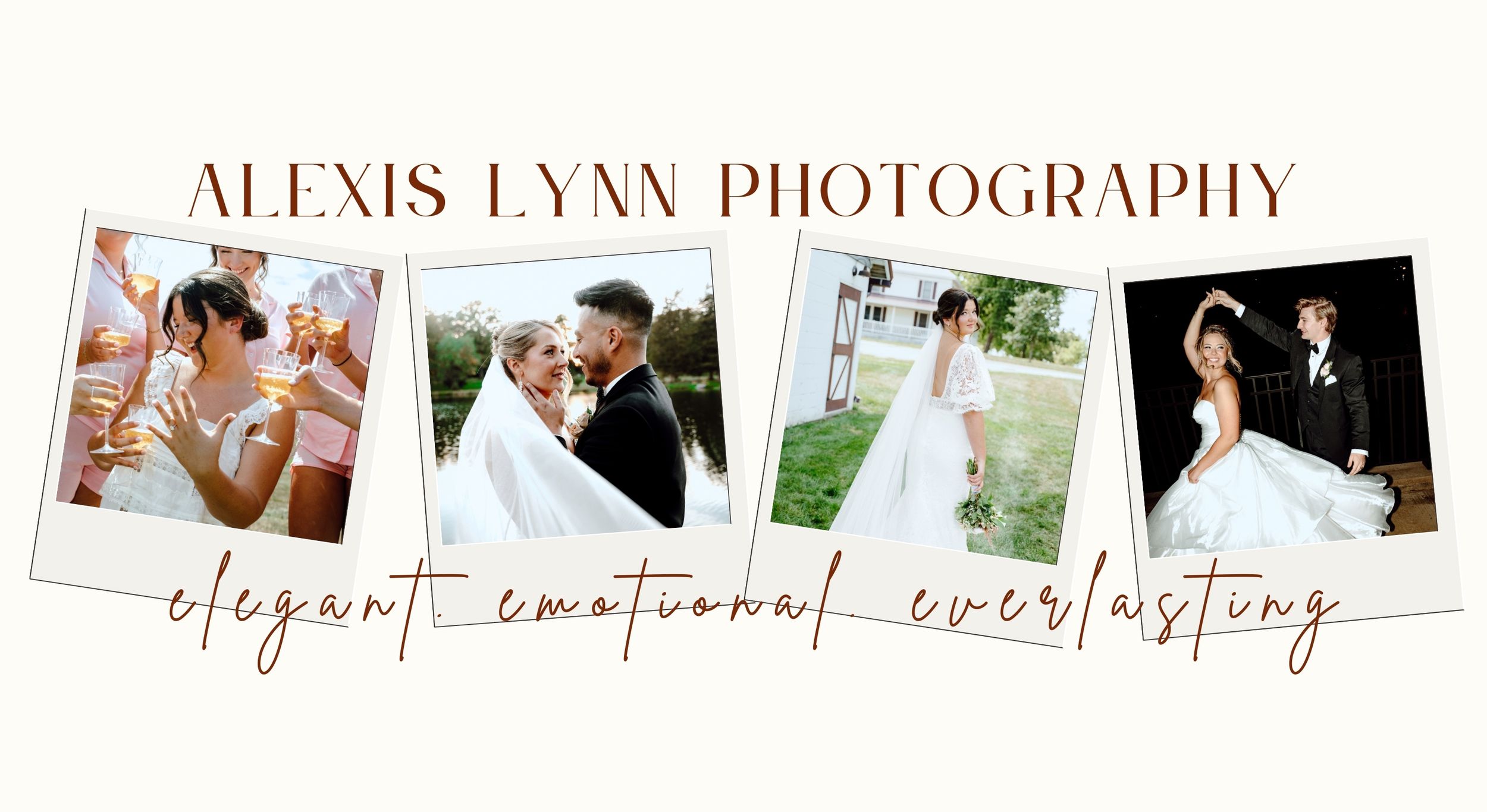 A wedding photography website banner shows a collage of romantic moments with text reading Alexis Lynn Photography.