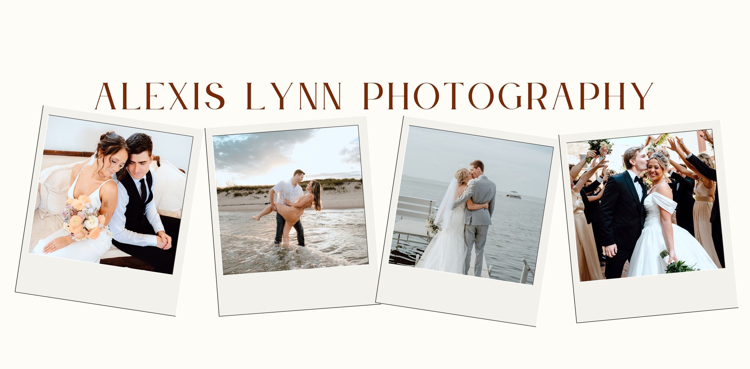 Collection of vintage-style polaroid wedding photographs showing romantic beach and outdoor moments.