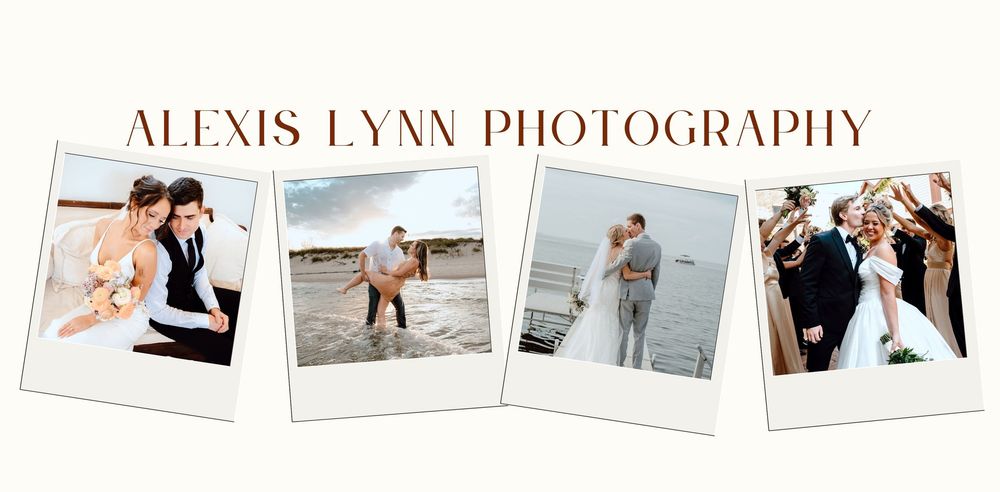 Collection of vintage-style polaroid wedding photographs showing romantic beach and outdoor moments.