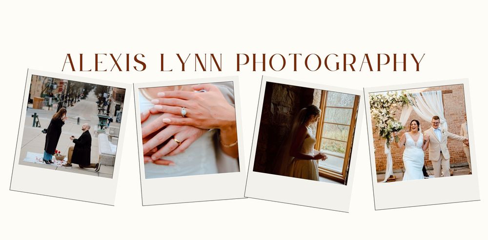 Wedding photography collage featuring detail shots of rings, dresses, and ceremony moments in polaroid style frames.