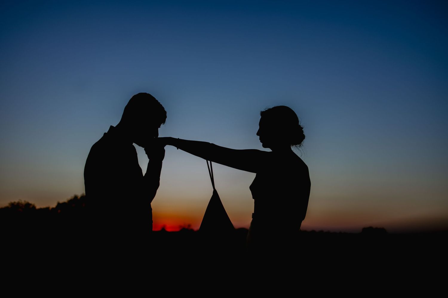 Sunset, silhouette of bride and groom, Zionsville, Indiana