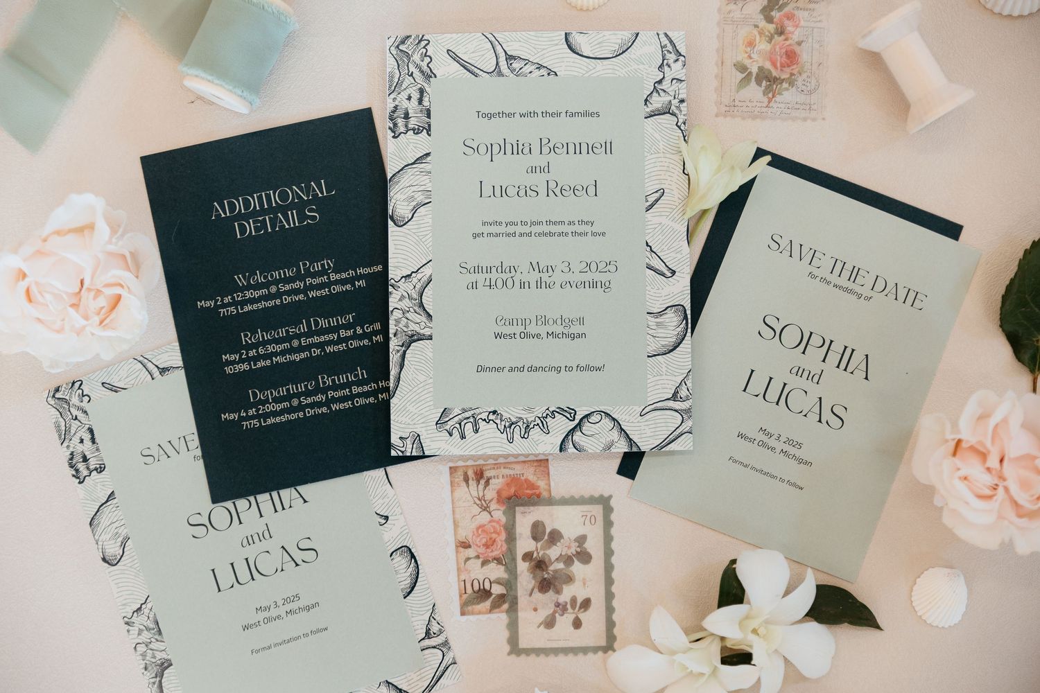 Elegant wedding invitation suite with floral designs and calligraphy displayed on a light background.