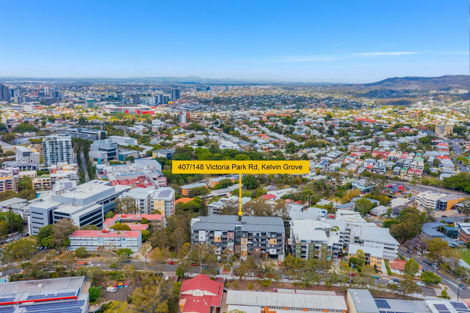 Wide aerial view of Victoria Park Rd Kelvin Grove showcasing the property location and Brisbane surrounds.
