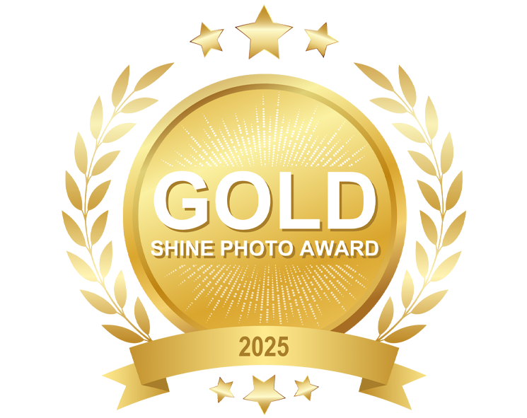 Gold Shine Photo Award 2025 badge with stars and laurel wreath on white background.