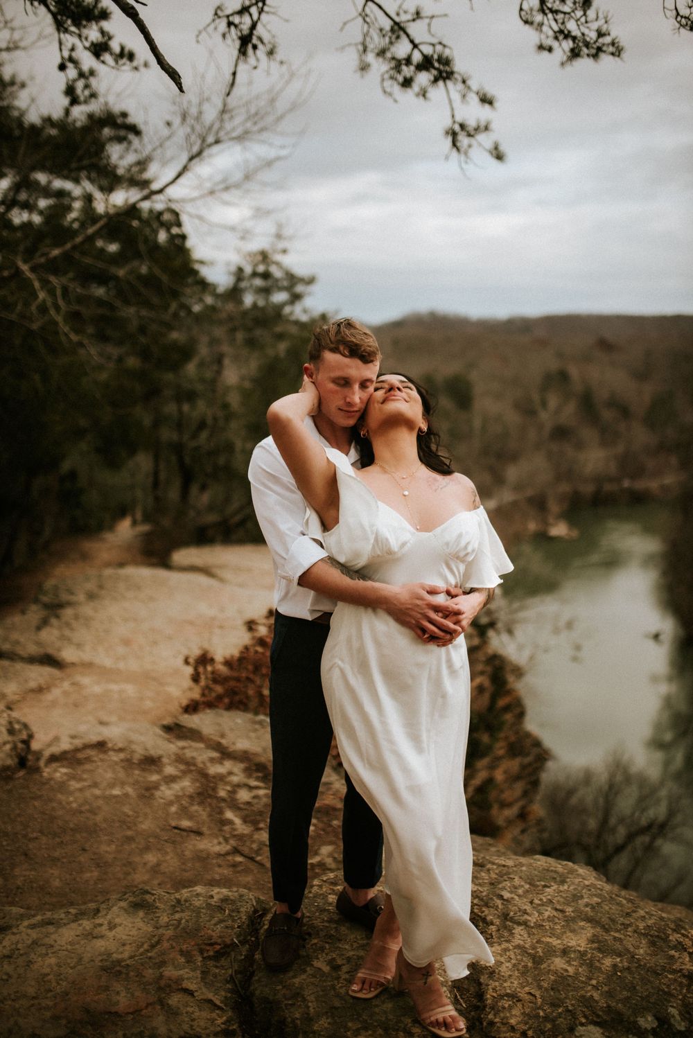 Luxury bridal couple after elopement ceremony on an adventure hike with an affordable photographer near Nashville, TN.