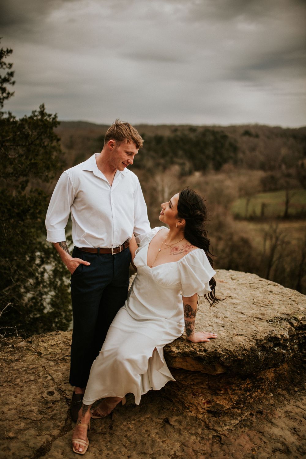 Bridal couple portraits after their elopement ceremony at the view point of a hike in Nashville, TN.