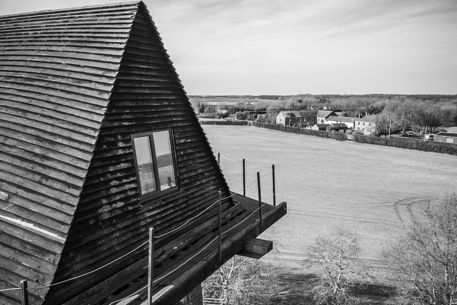 Black and white view from Windmill Farm Burscough across open Lancashire countryside and rural wedding setting