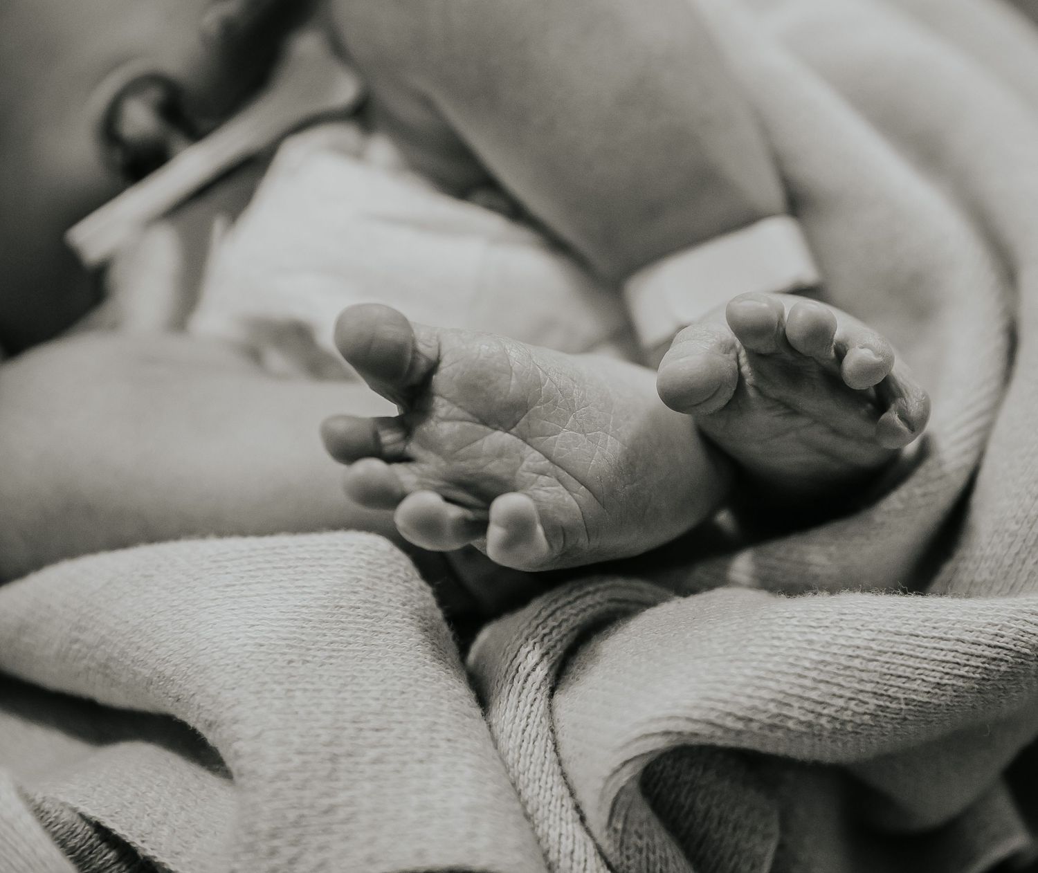 Newborn baby's tiny feet in a hospital bassinet in Central Indiana with identification bracelet during a Fresh 48 session in