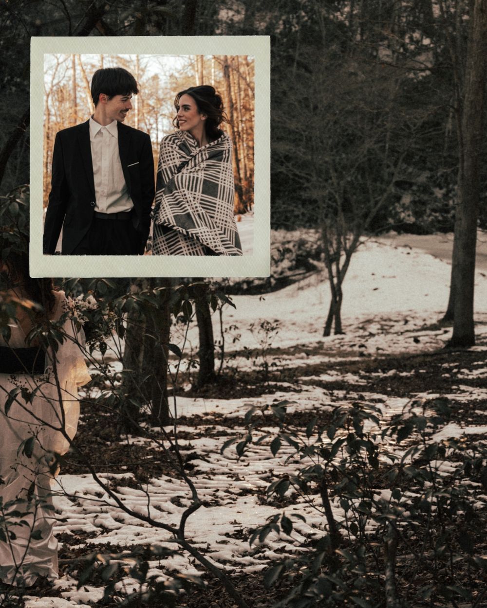 A romantic winter engagement photo session showing a couple embracing in a snowy forest setting.