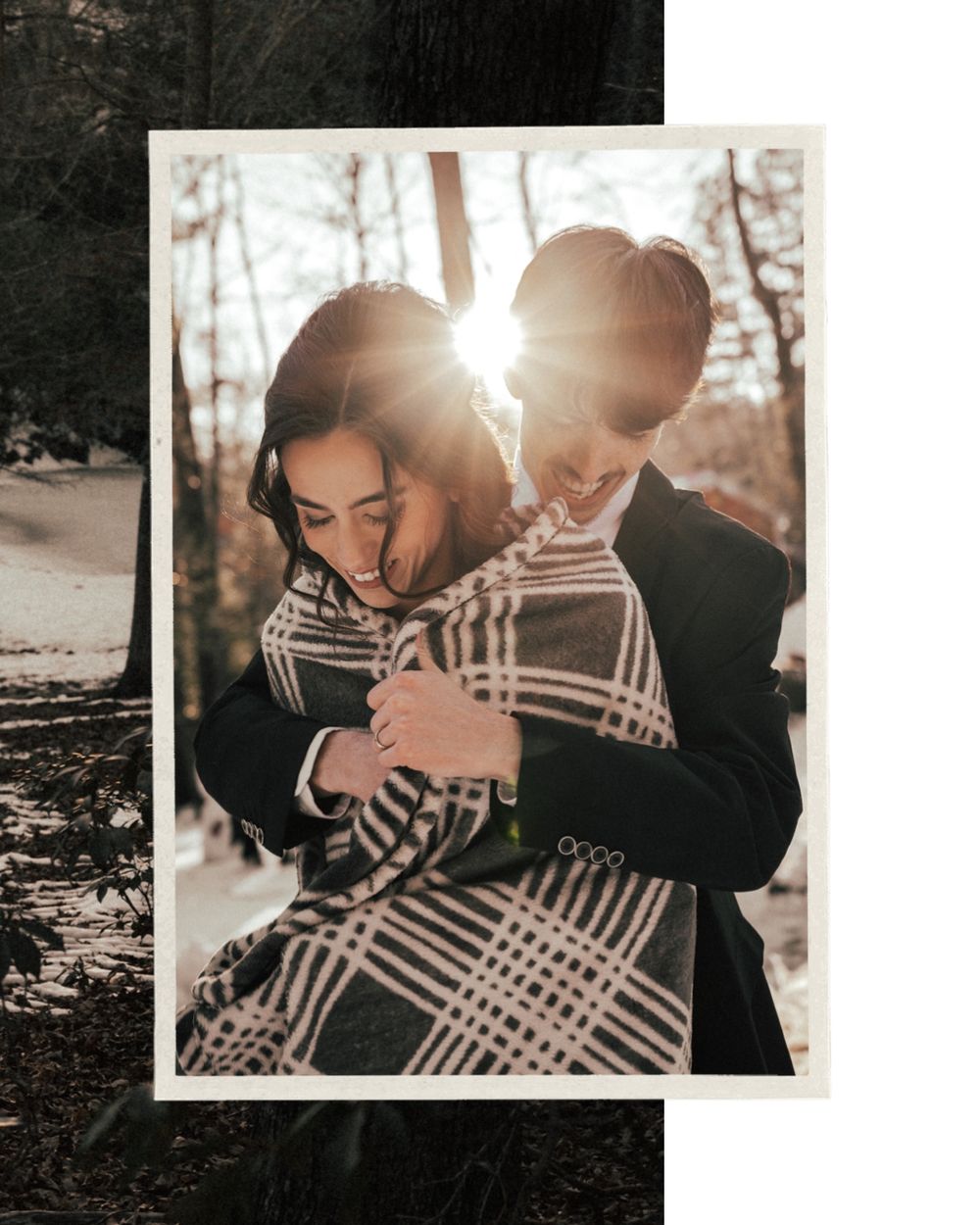 A couple in matching striped outfits share an intimate embrace in a sunlit outdoor setting.