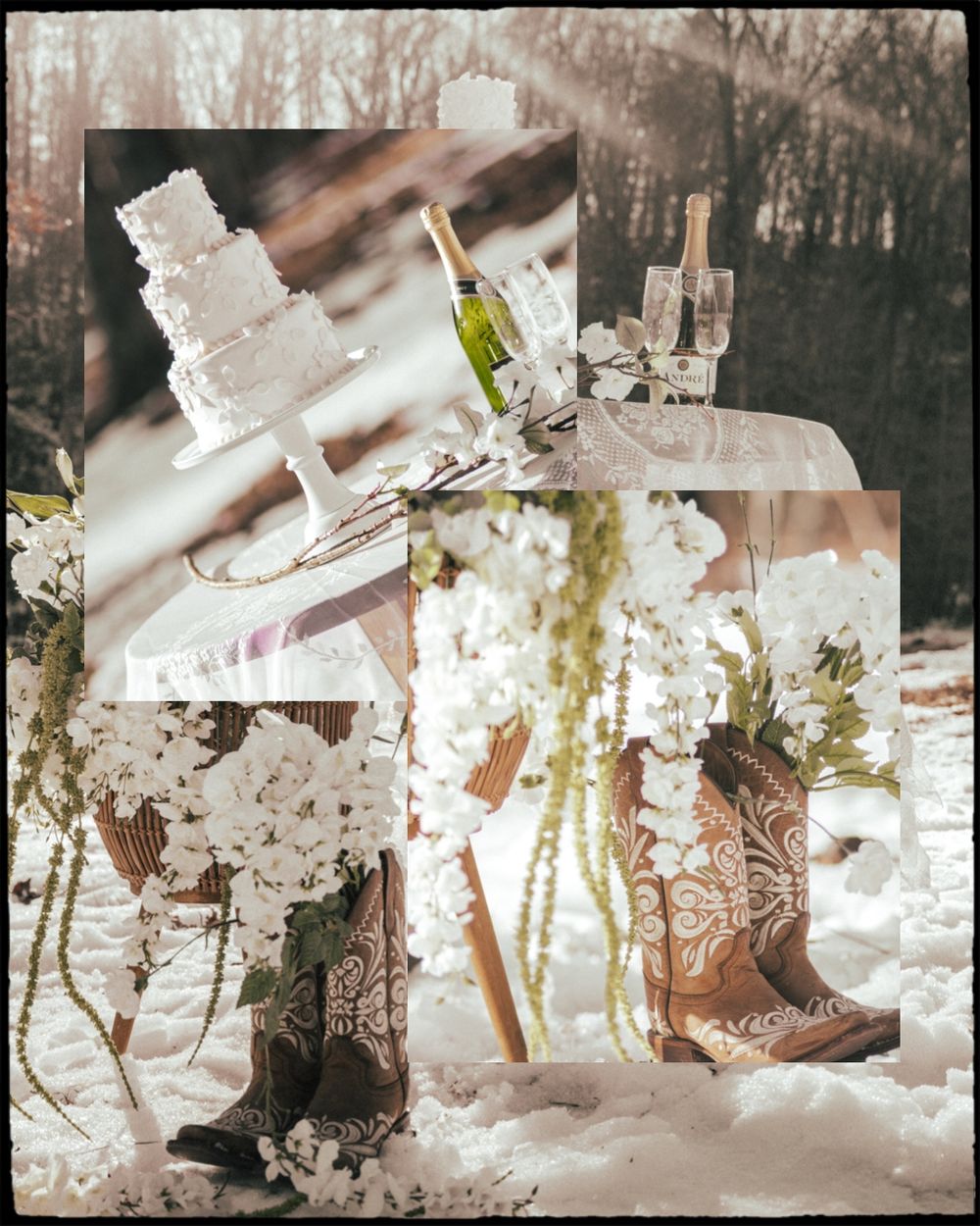 A rustic wedding collage featuring a white tiered cake, cowboy boots, and floral arrangements in a snowy winter setting.