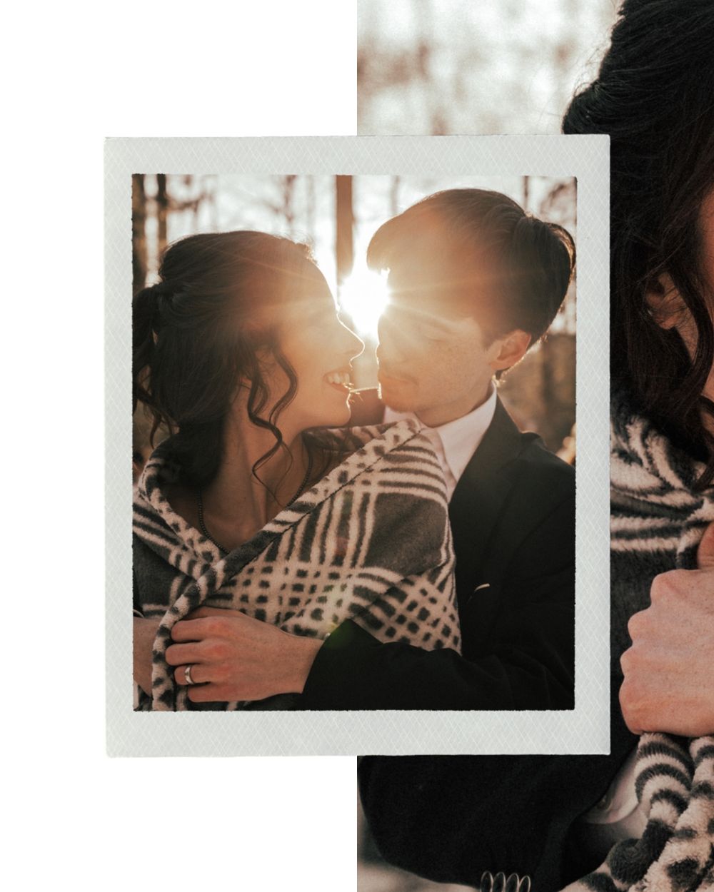 Romantic couple sharing an intimate moment in warm sunlight with a vintage polaroid photo effect.