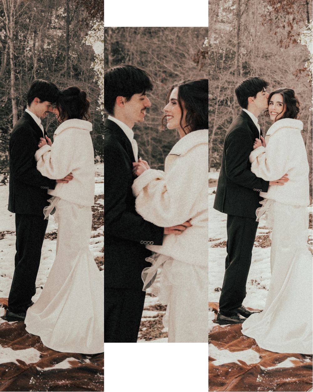 A couple in formal winter wedding attire share a romantic dance sequence in the snow.