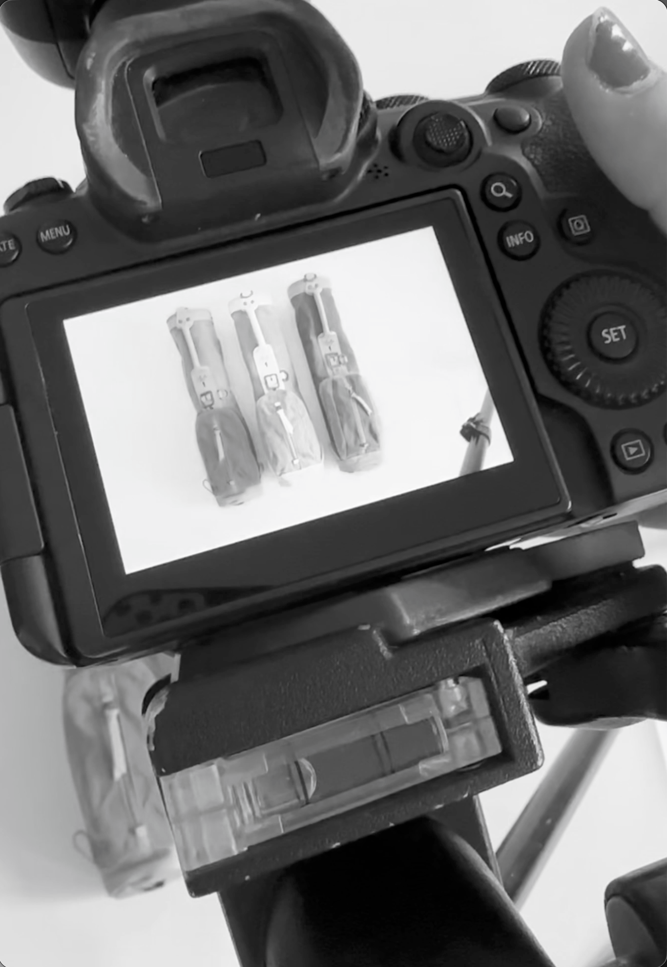 Black and white photo of a camera display screen showing three vertical objects against a white background.