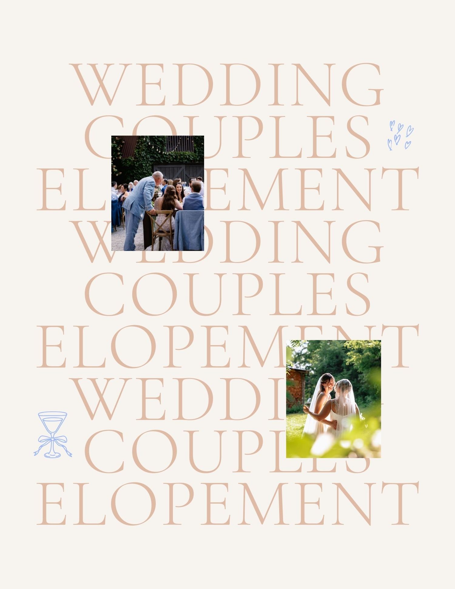 A collage of wedding photography website headers and contact information with muted peach tones.