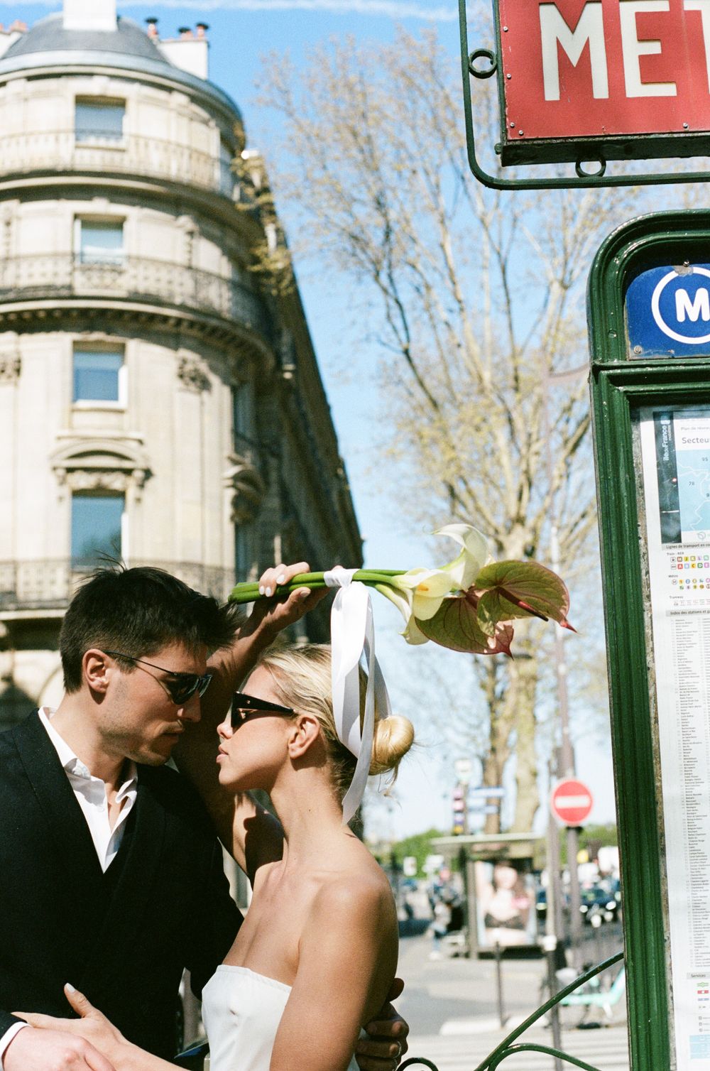 Paris film photography, cala lily bouquet, wedding portraits on film, Paris cinematic photography, subway wedding