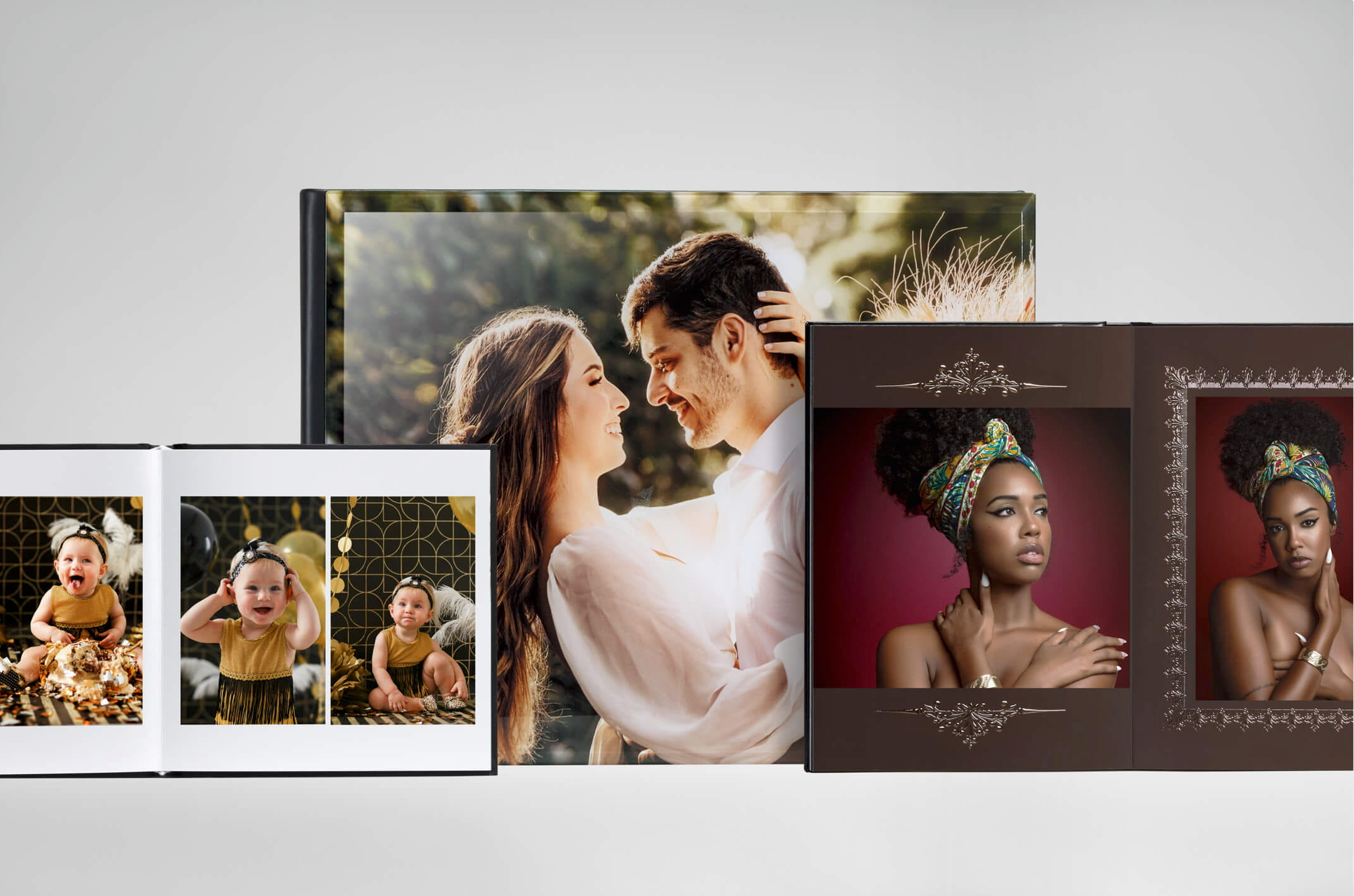 A collection of professional portrait photographs displayed side by side showing various artistic styles and compositions.
