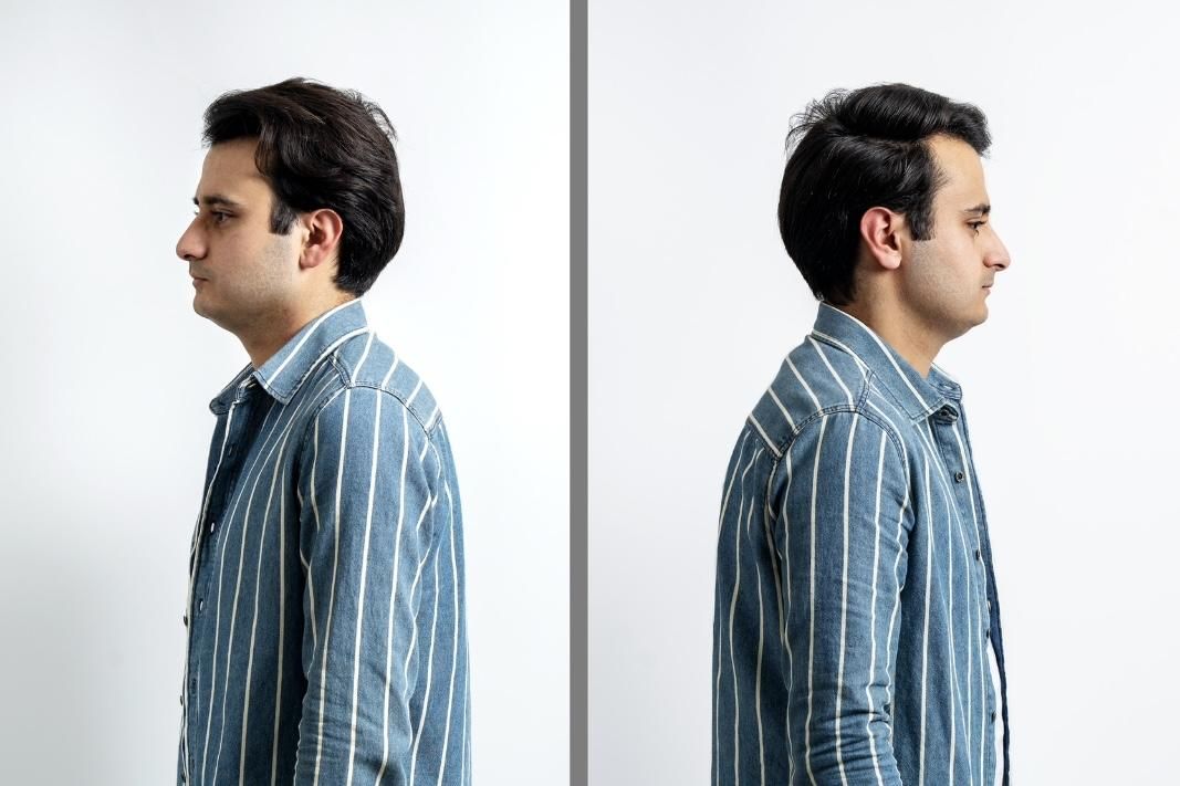 Angles for photoshoot depicted by white male on stripped shirt