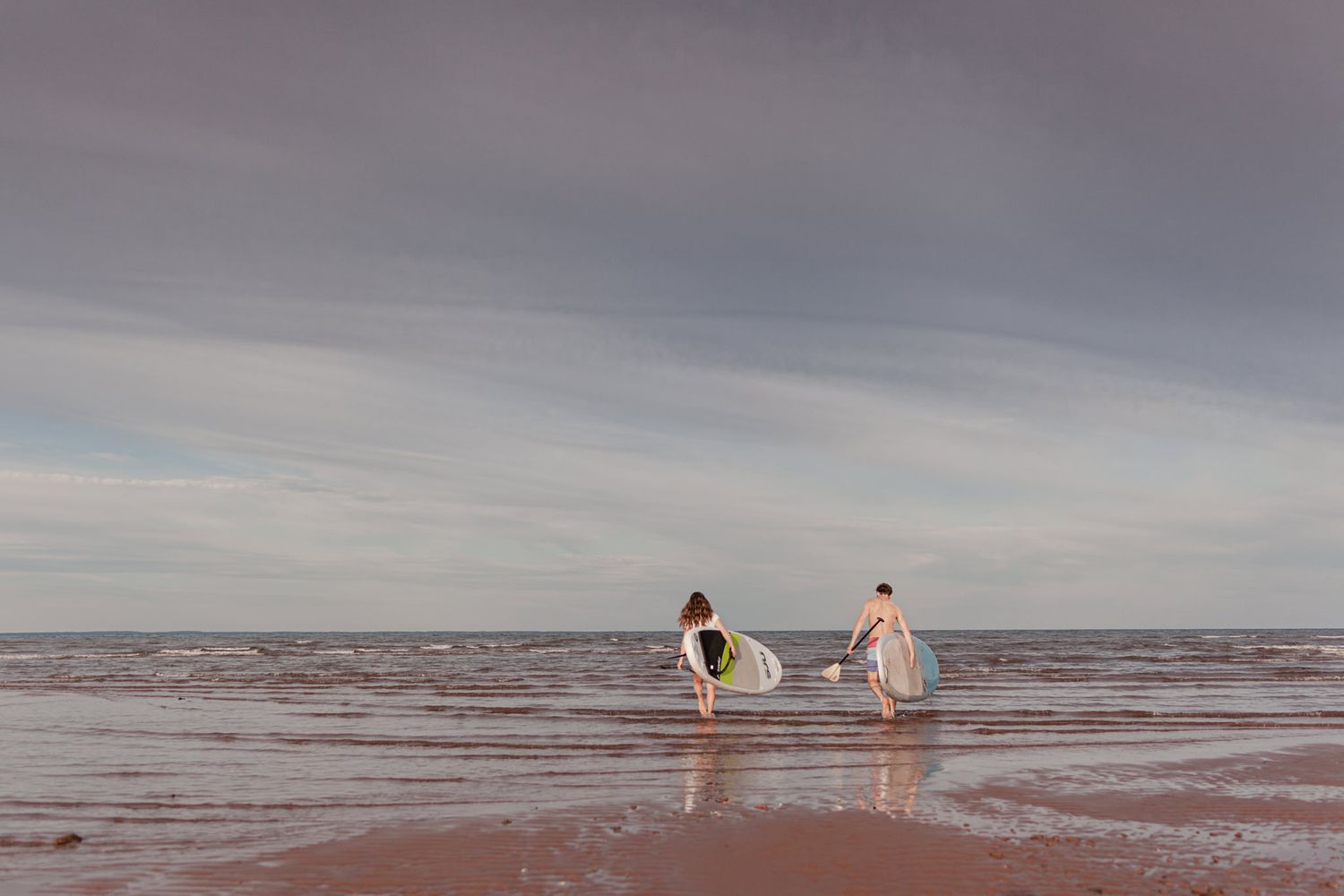 Paddle boarders head into the ocean in Chelton, PEI, Canada.