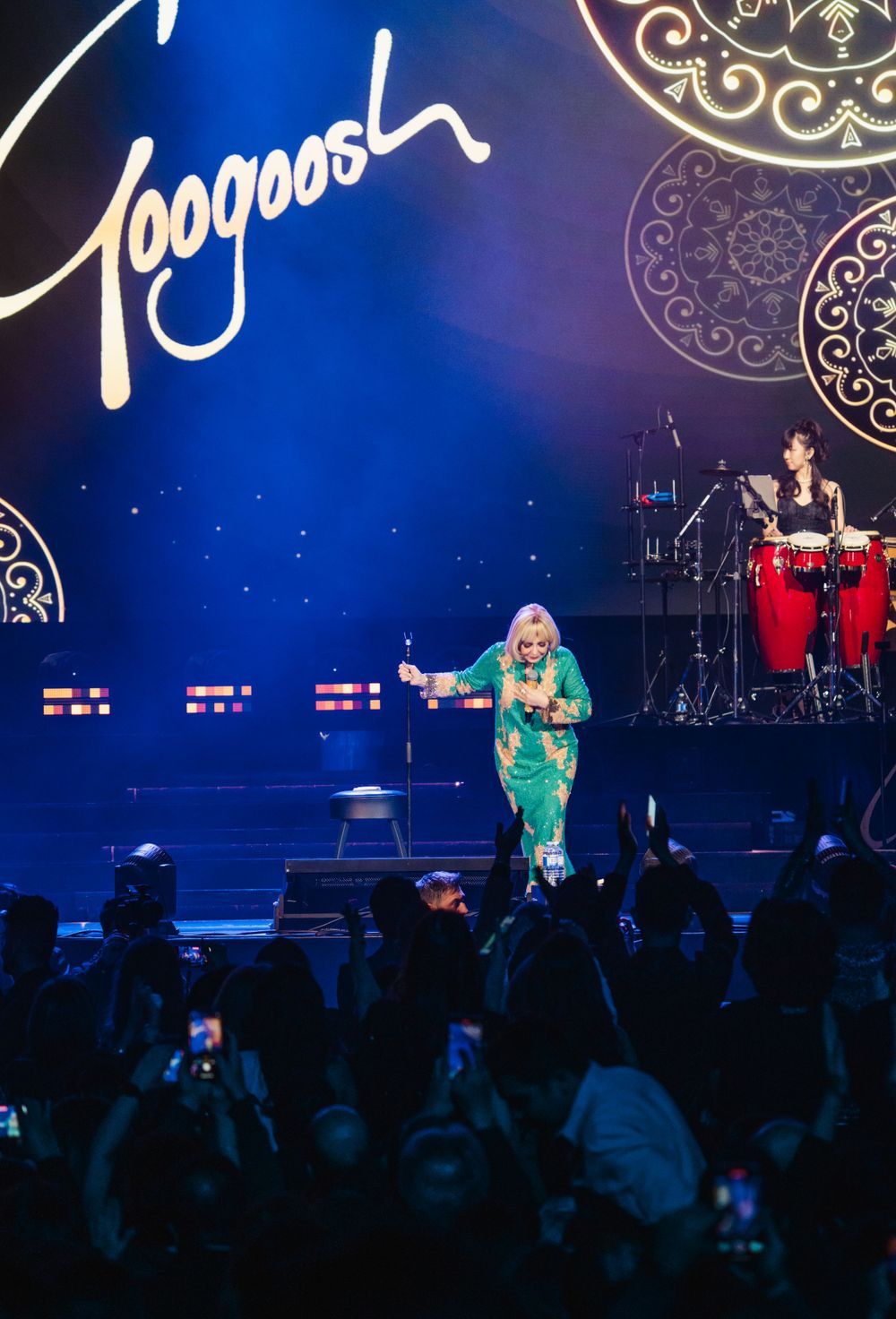 Live concert scene with blue lighting and ornate stage design showing performer in green.