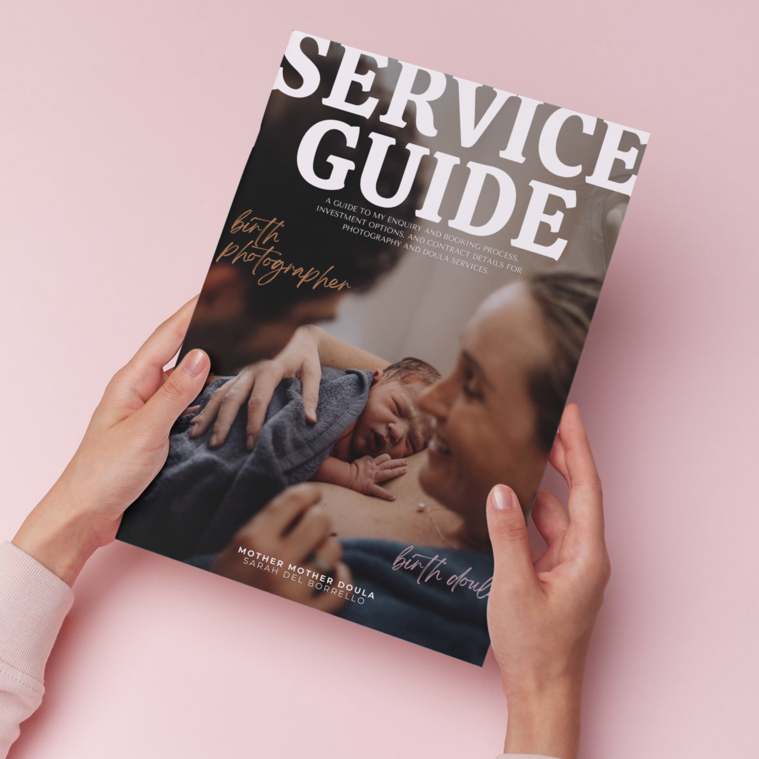 Hands holding a service guide book against a soft pink background showing an intimate cover photo.