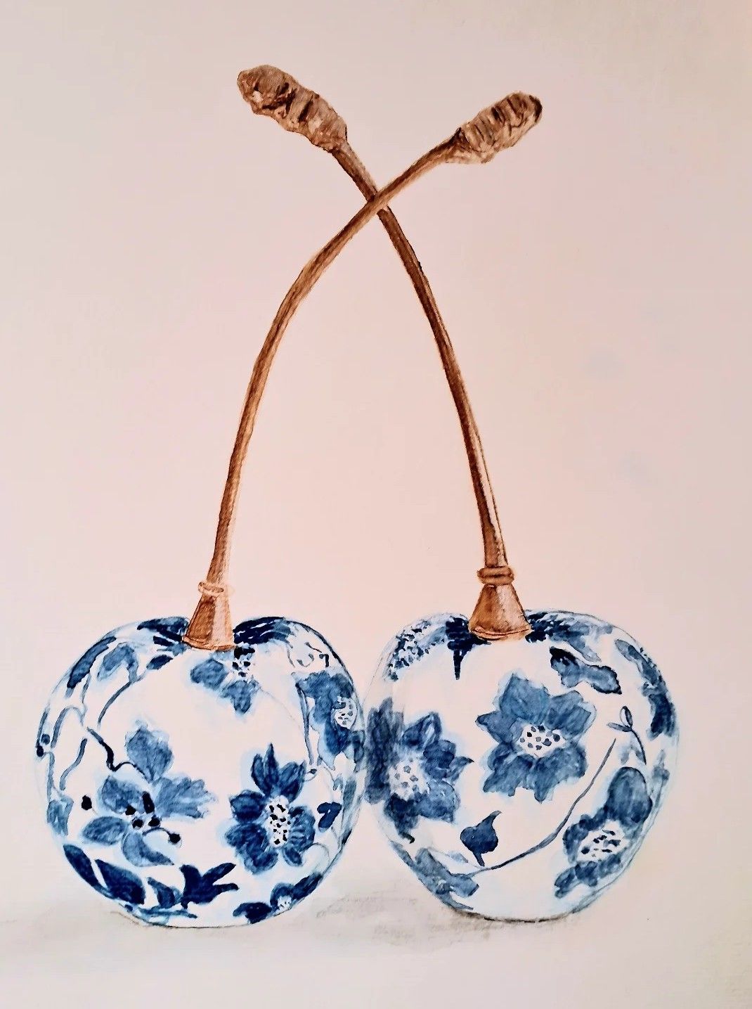 Blue porcelain cherries decorative illustration by Piret Victoria Ribas.