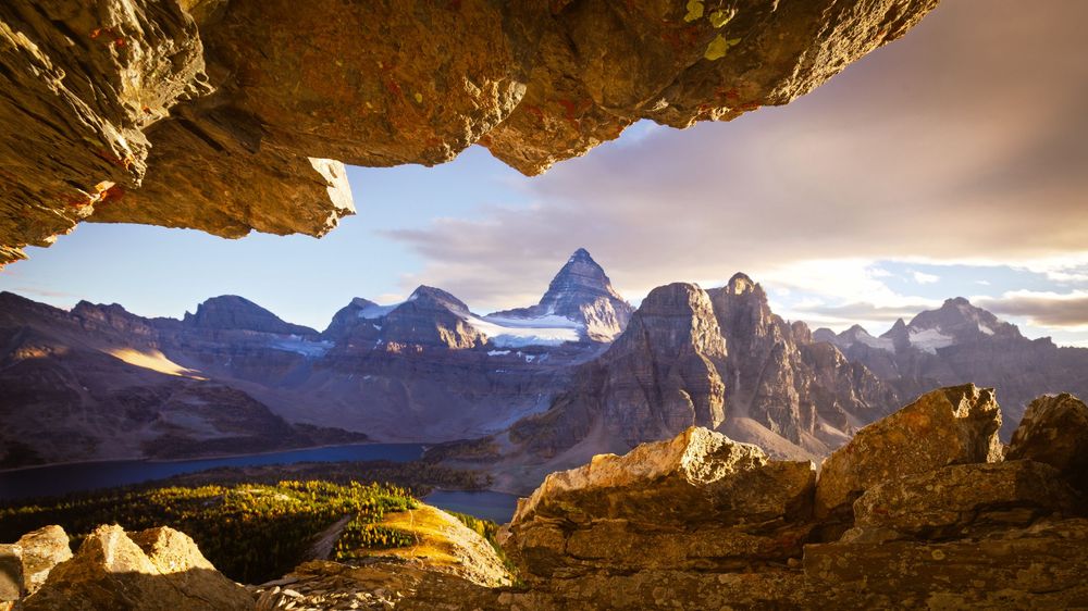Assiniboine mountain, Canadian Rockies, sunset, larches, fall