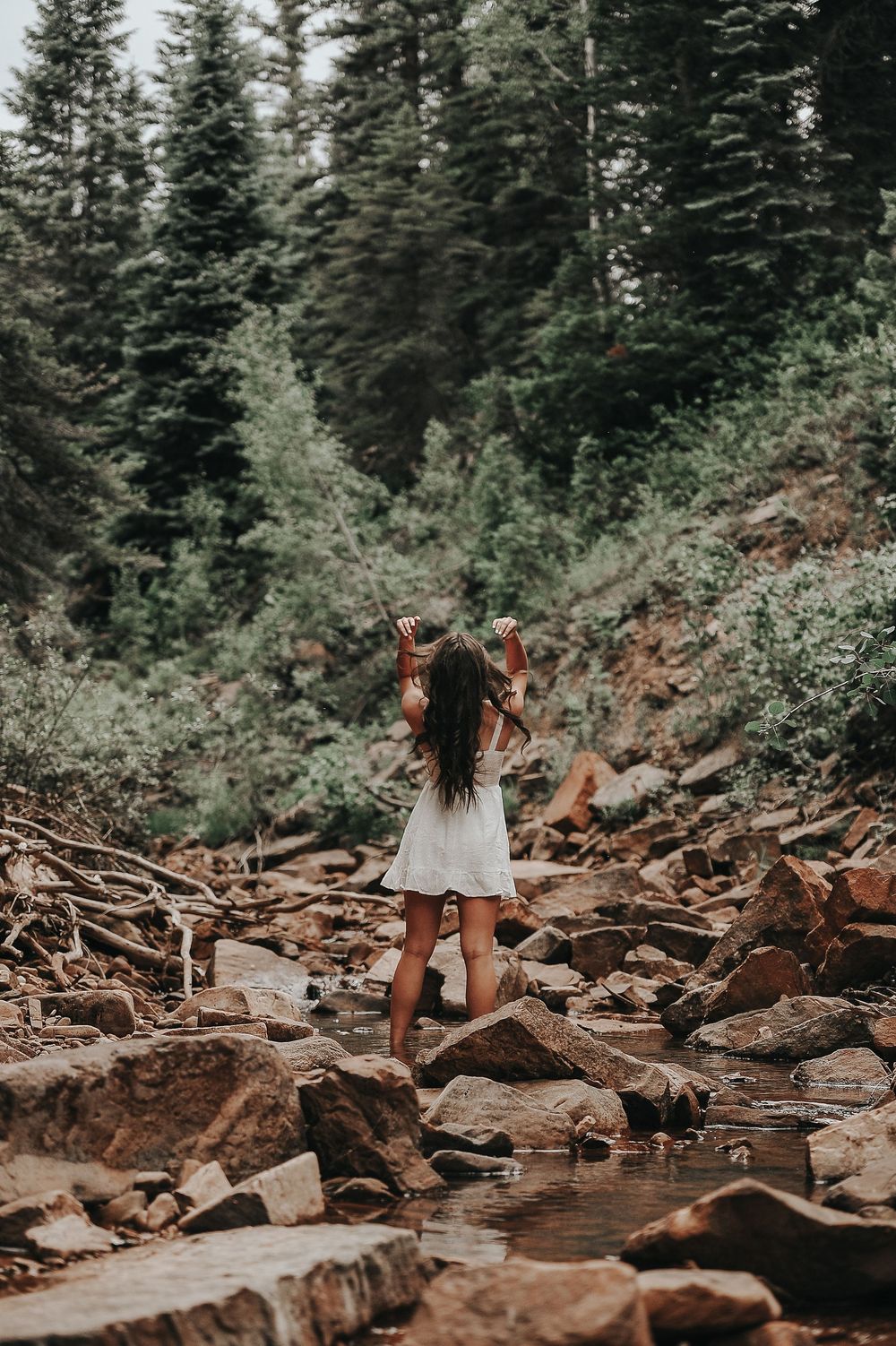 Woman sits on rocky riverbed surrounded by evergreen forest.