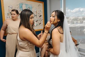 A group of women in beige dresses share candid moments in multiple photo frames.