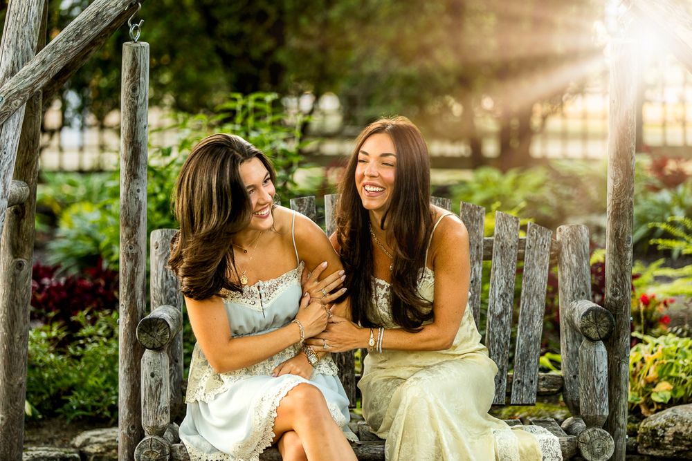 A collection of romantic outdoor photo shoot moments captured in a garden setting at sunset with golden lighting.