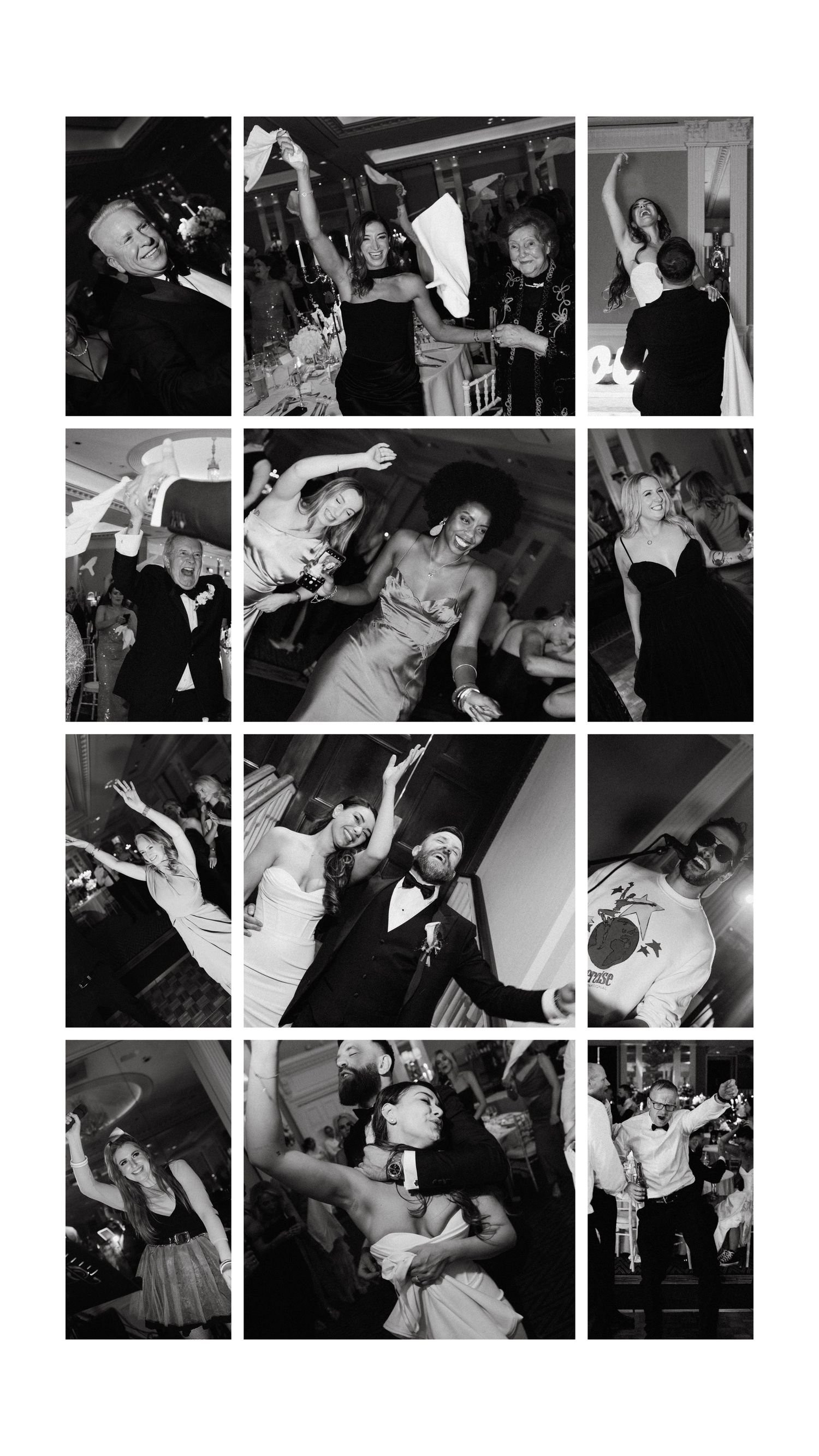 Black and white photo collage captures energetic dance party scenes with people celebrating and dancing at a festive event.