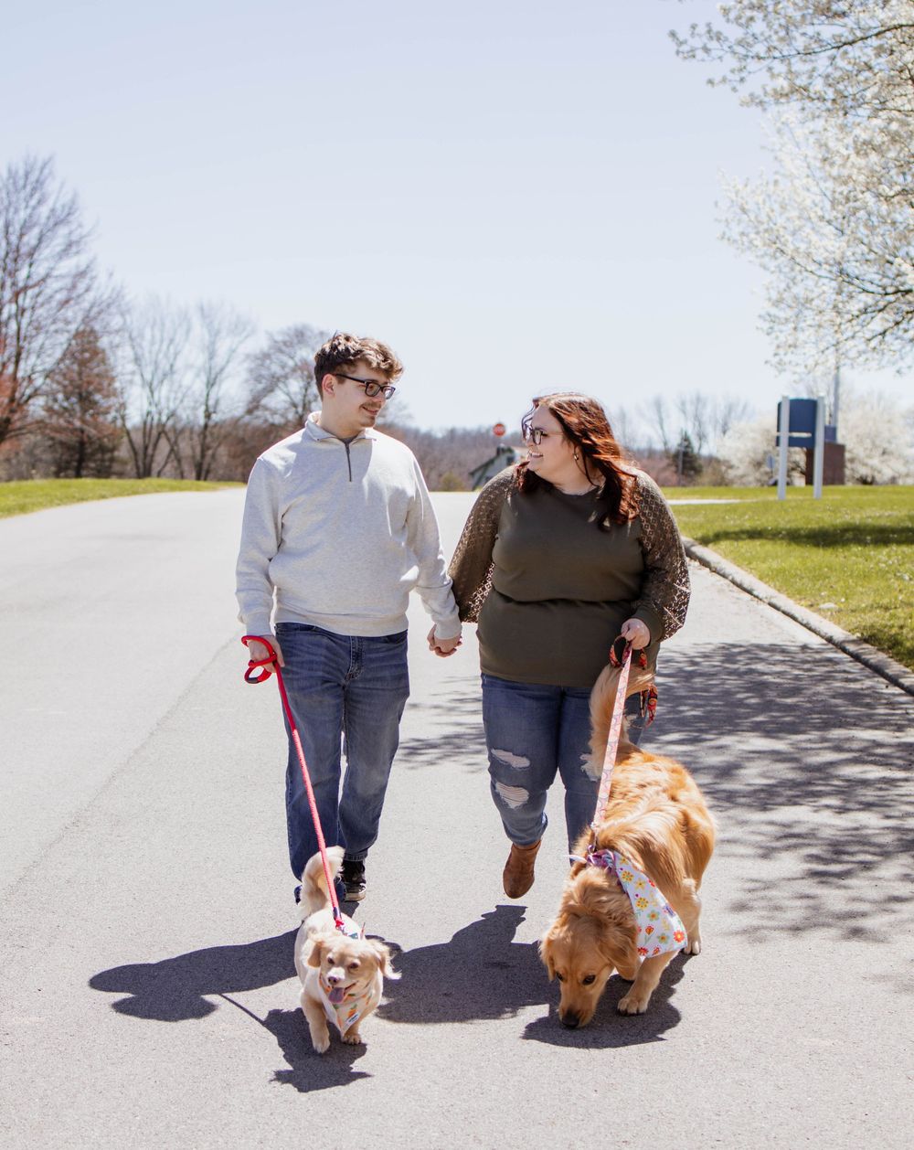 A couple walks their two golden retrievers on a sunny path surrounded by trees.