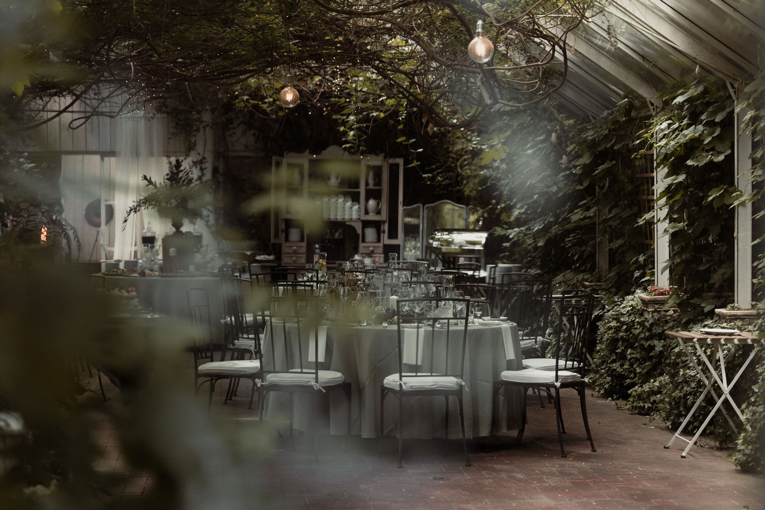 Moody outdoor restaurant patio setting with metal chairs and tables surrounded by lush greenery and soft lighting.