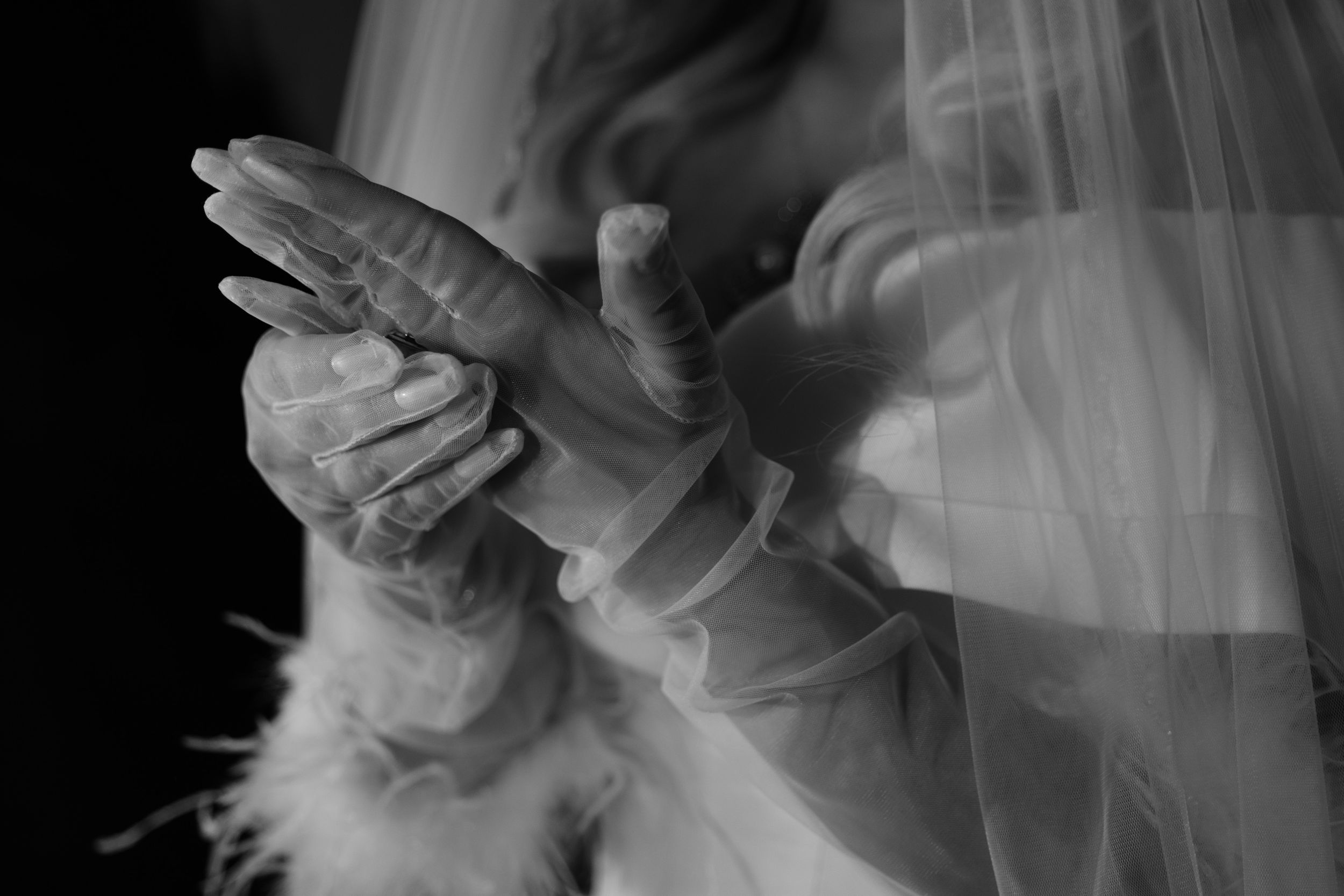A close-up black and white photograph shows delicate clasped hands between flowing layers of white veil.