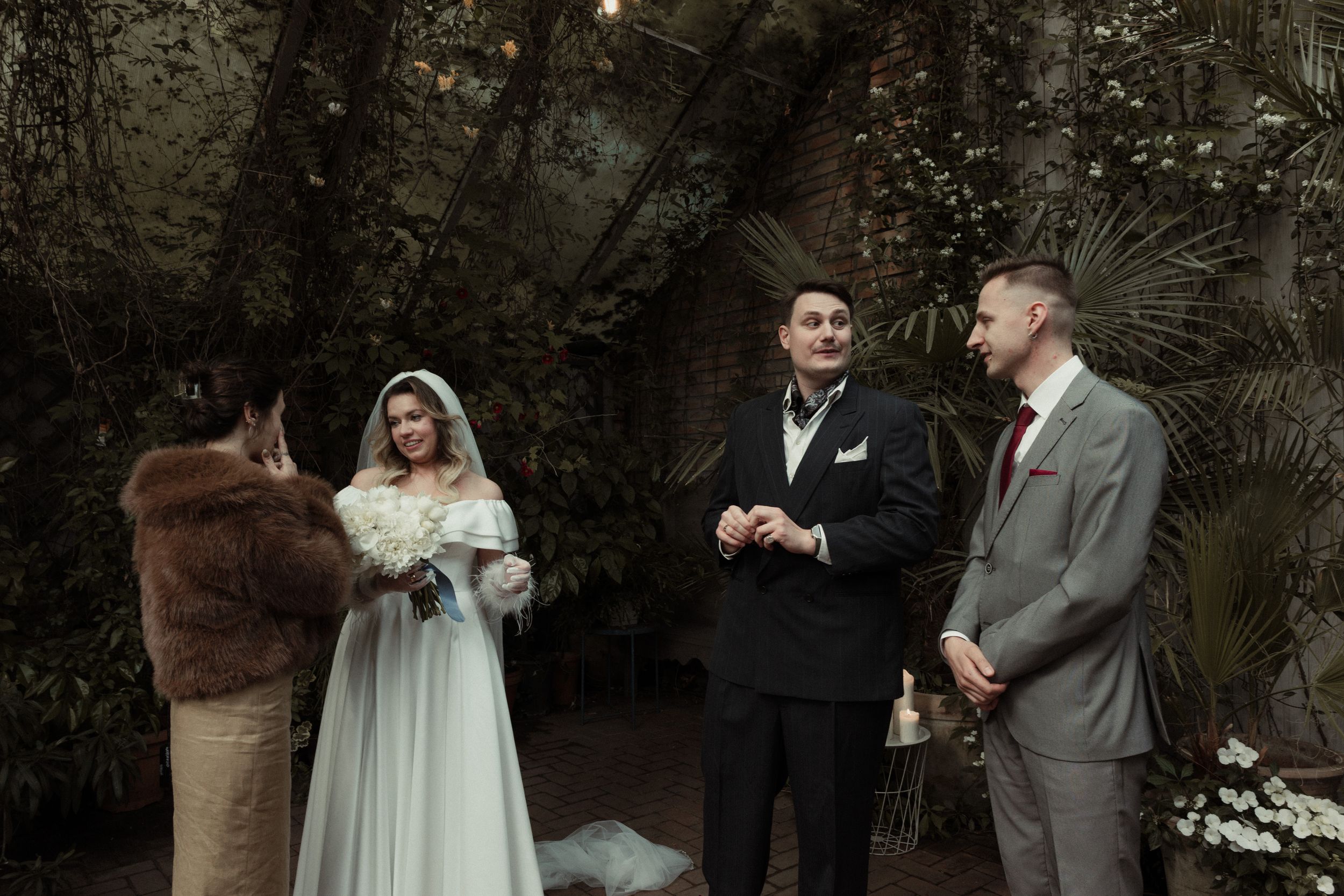 A series of romantic wedding photos showing intimate moments between couples during their ceremony and portraits outdoors.