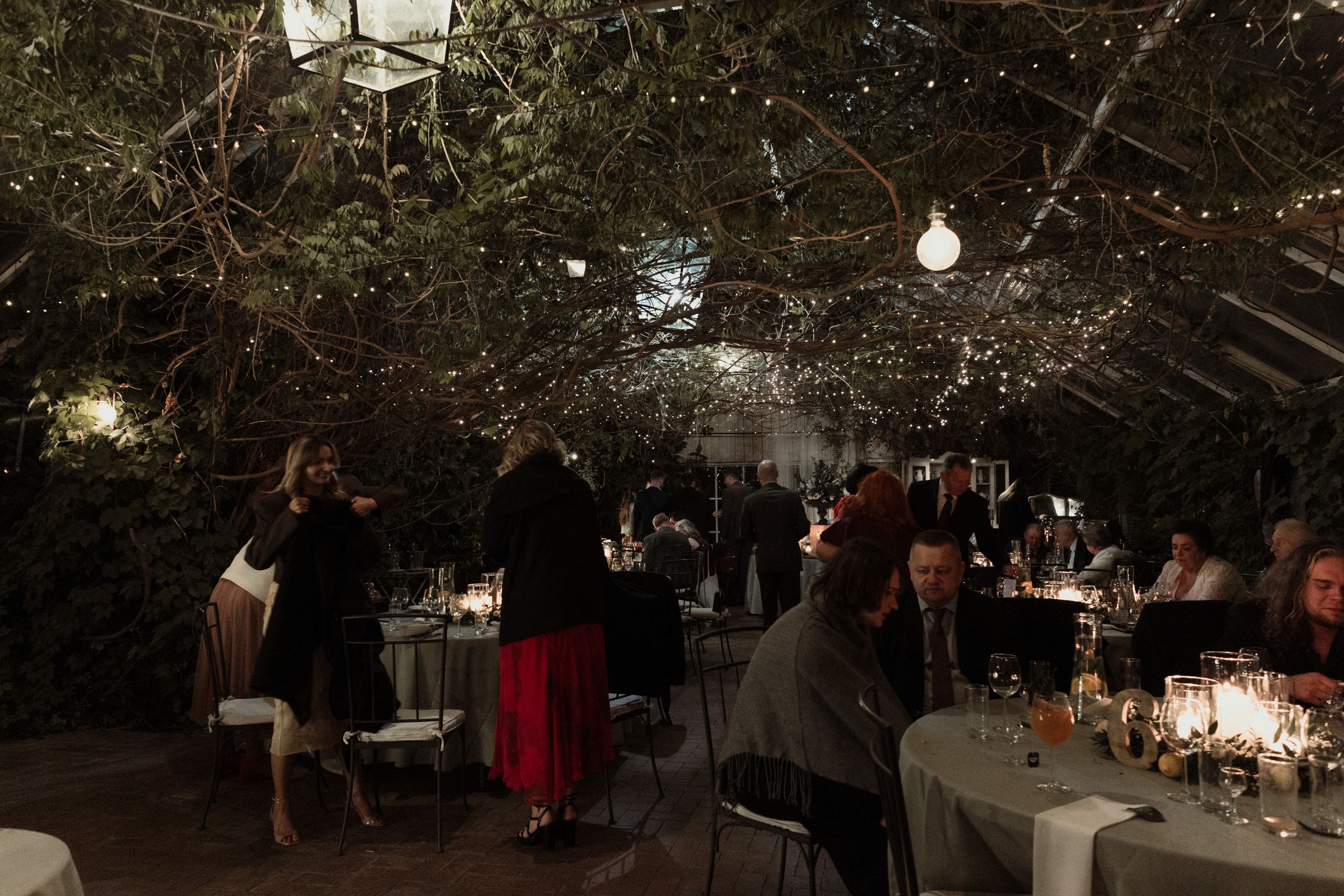 Dimly lit indoor garden venue with tables set for an elegant evening event.