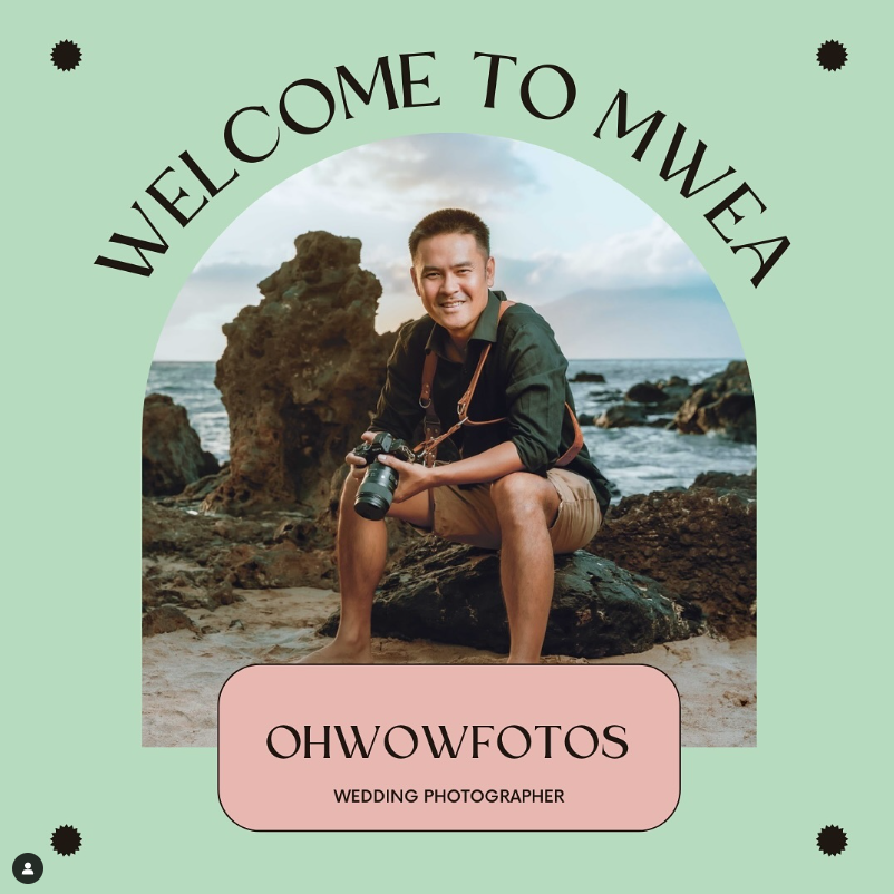 Welcome to MWEA photographer badge with ocean rocks and mint green border design on Maui, Hawaii.