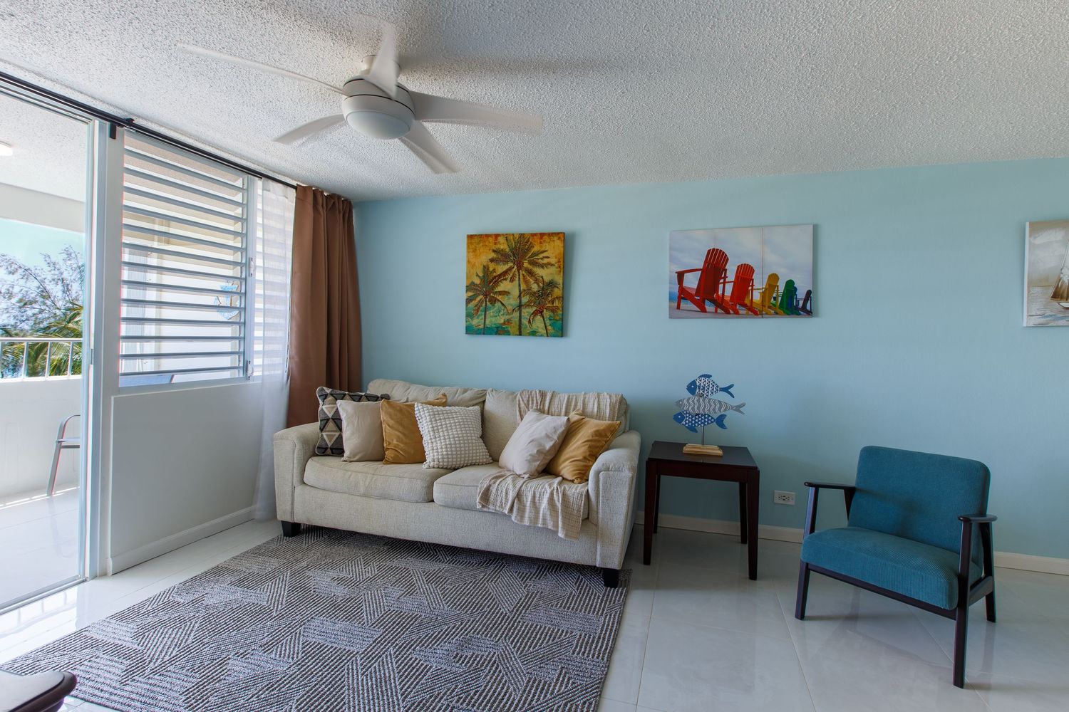Real estate photography. Living room. Short-term rental in Playa Azul Tower 1 in Luquillo, Puerto Rico.